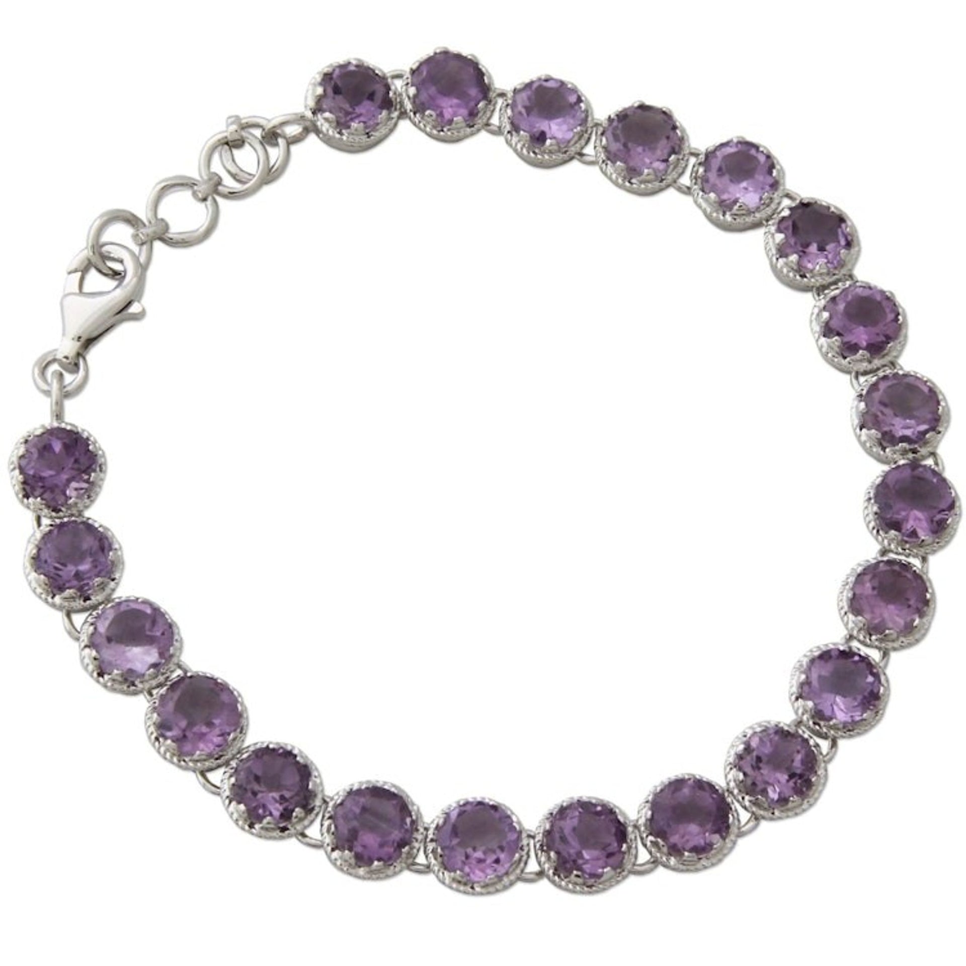 Artisan Handcrafted Silver Tennis Bracelet with 21 Amethysts 'Violet Enchantment'