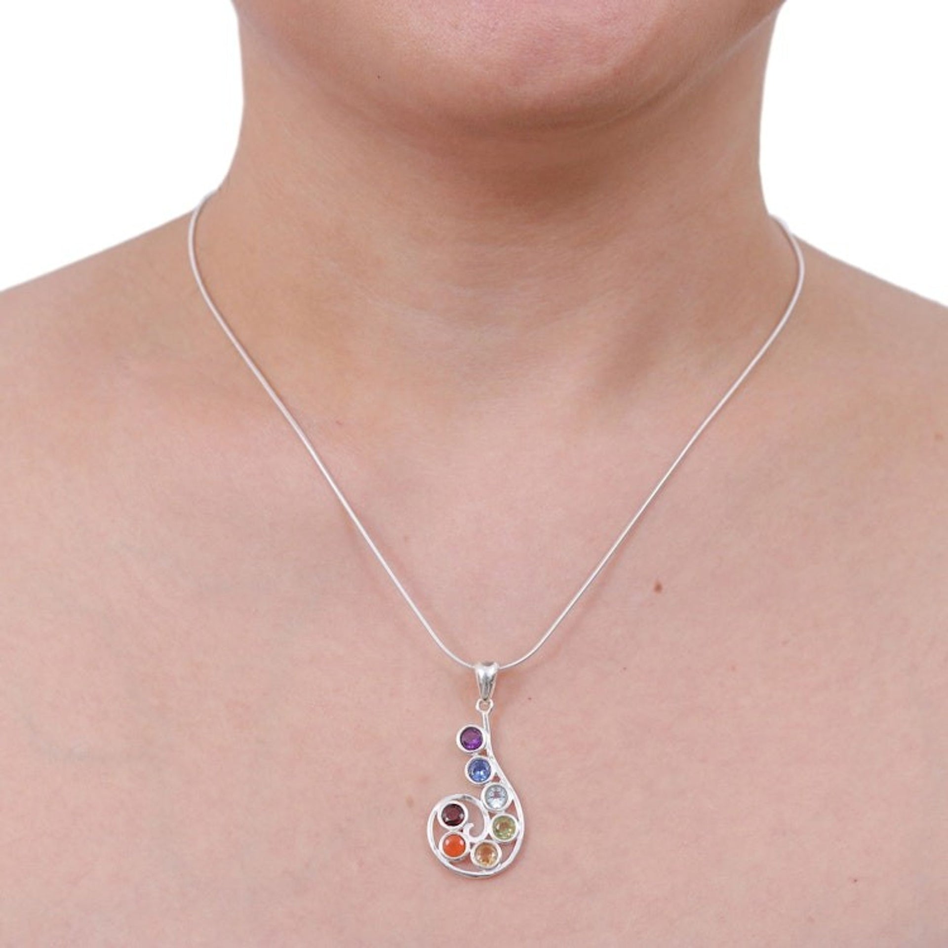 Chakra-Themed Spiral Multi-Gemstone Pendant Necklace 'Seven Centers'
