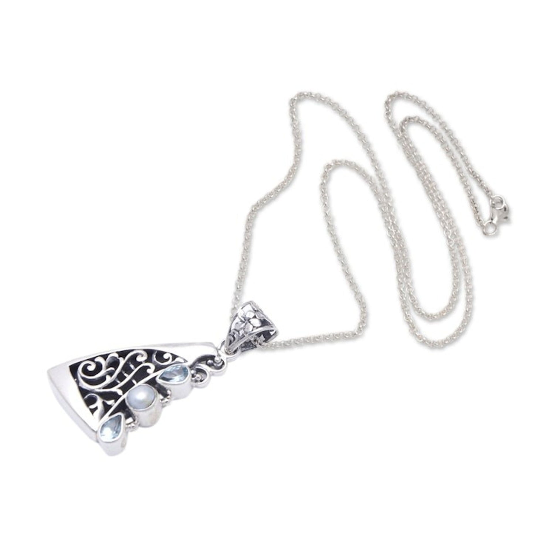 Marine-Themed Pendant Necklace with Blue Topaz and Pearls 'Marine Voyage'