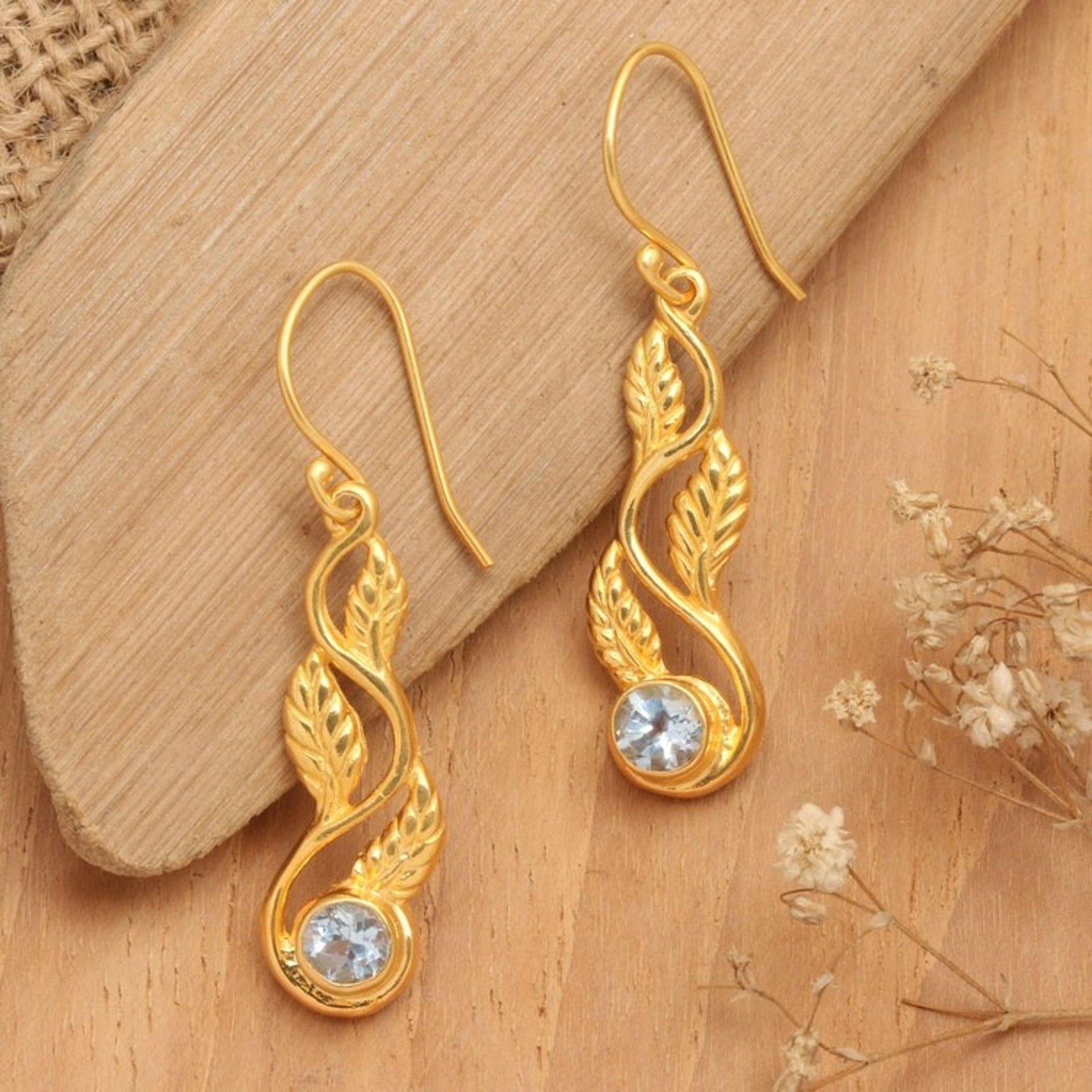 22k Gold-Plated Leafy Blue Topaz Dangle Earrings from Bali 'Vines of Loyalty'