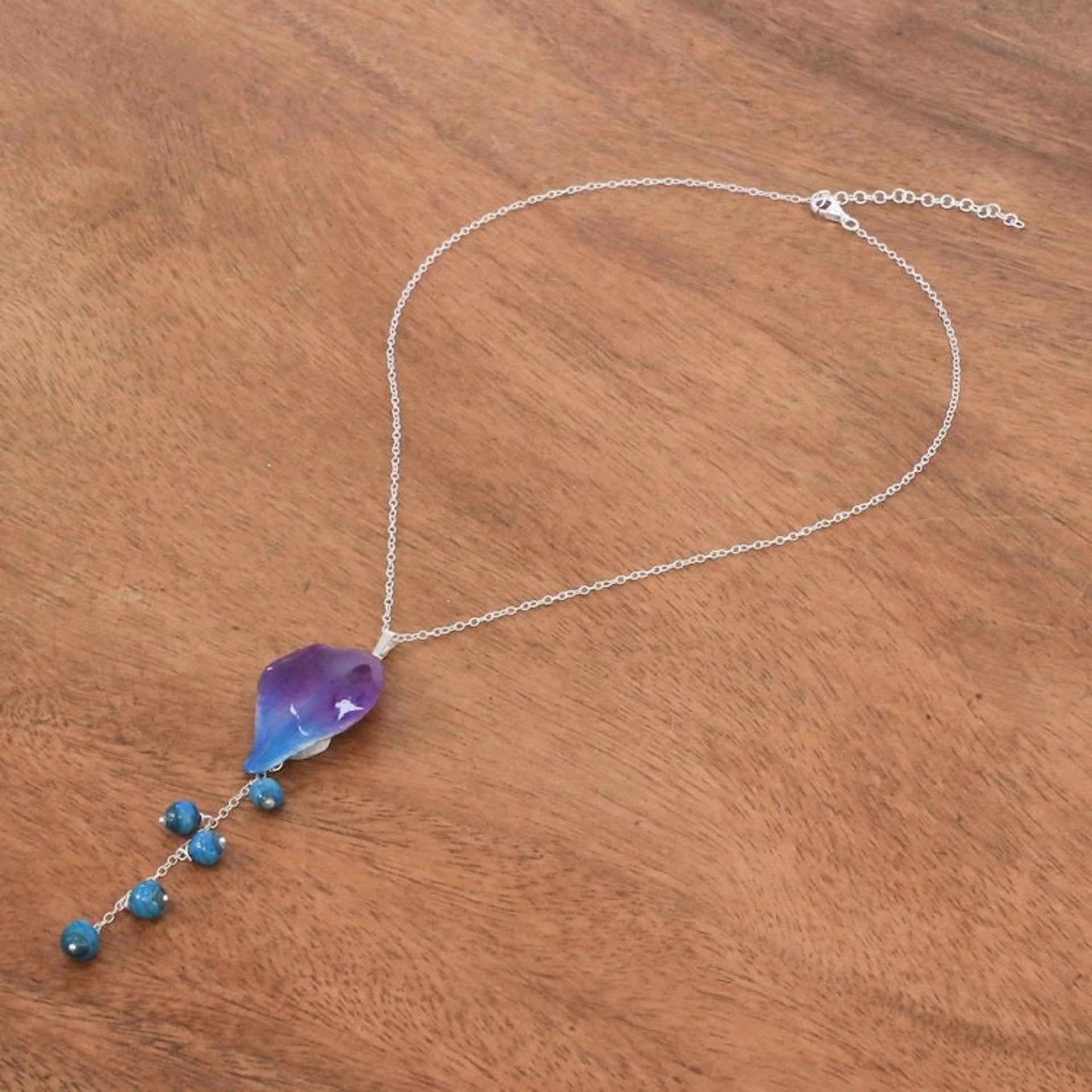 Artisan Crafted Orchid Petal Pendant Necklace 'Bloom Balloon in Blue'