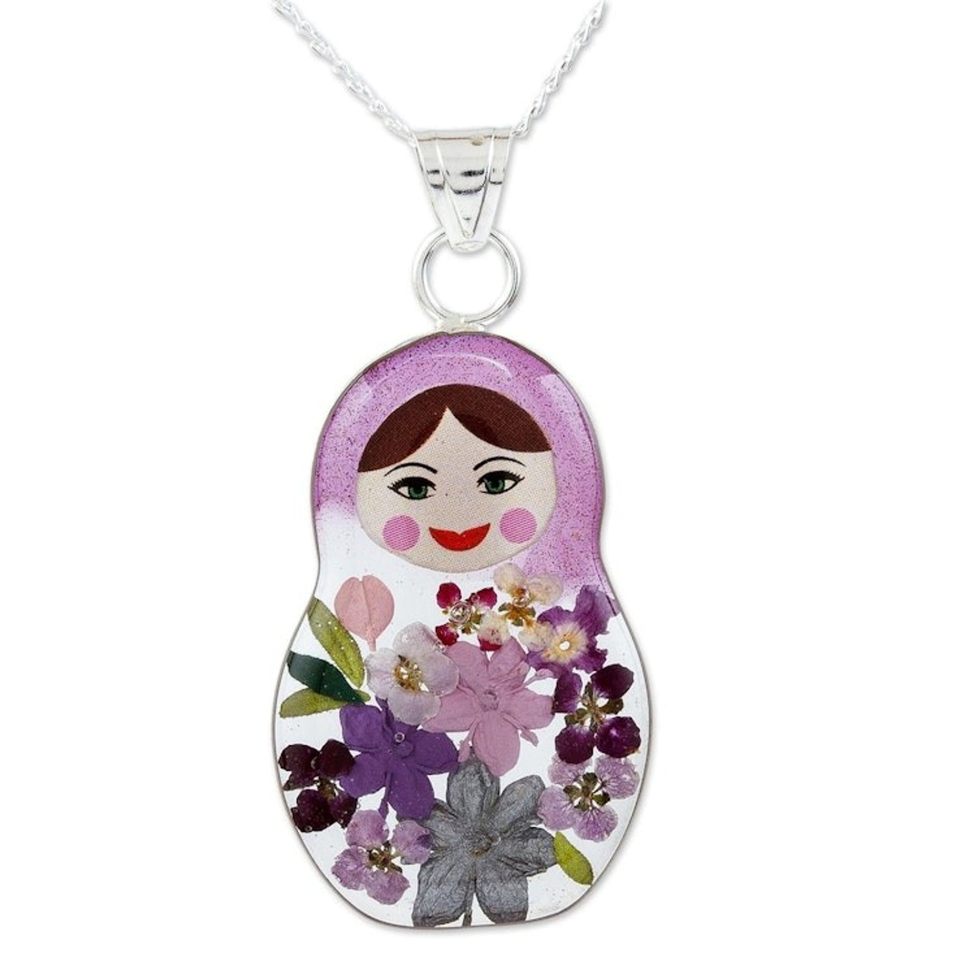 Purple Matryoshka Pendant Necklace with Natural Flowers 'Violet Mexican Matryoshka'