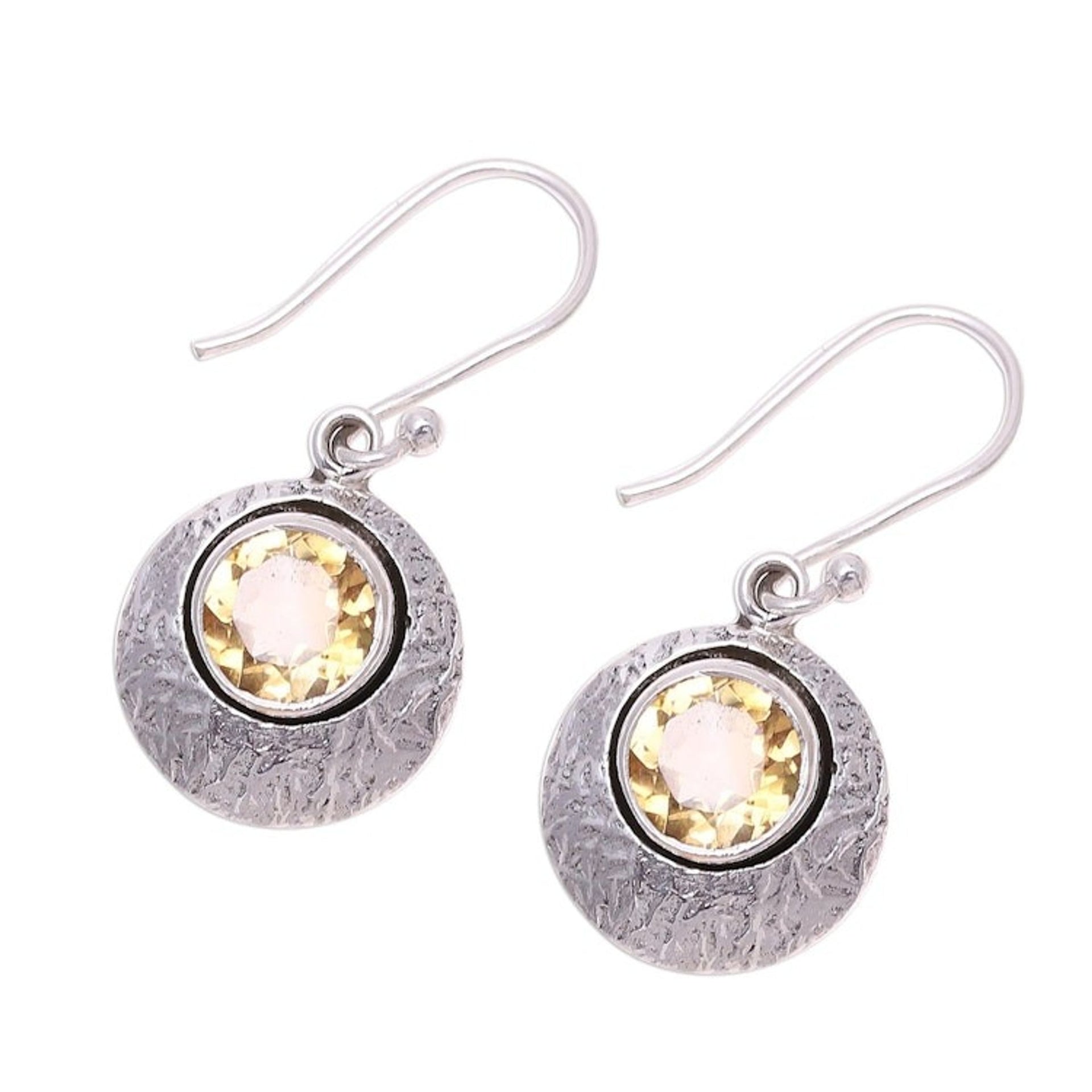 Sterling Silver and Yellow Citrine Round Dangle Earrings 'Lemon Orbs'