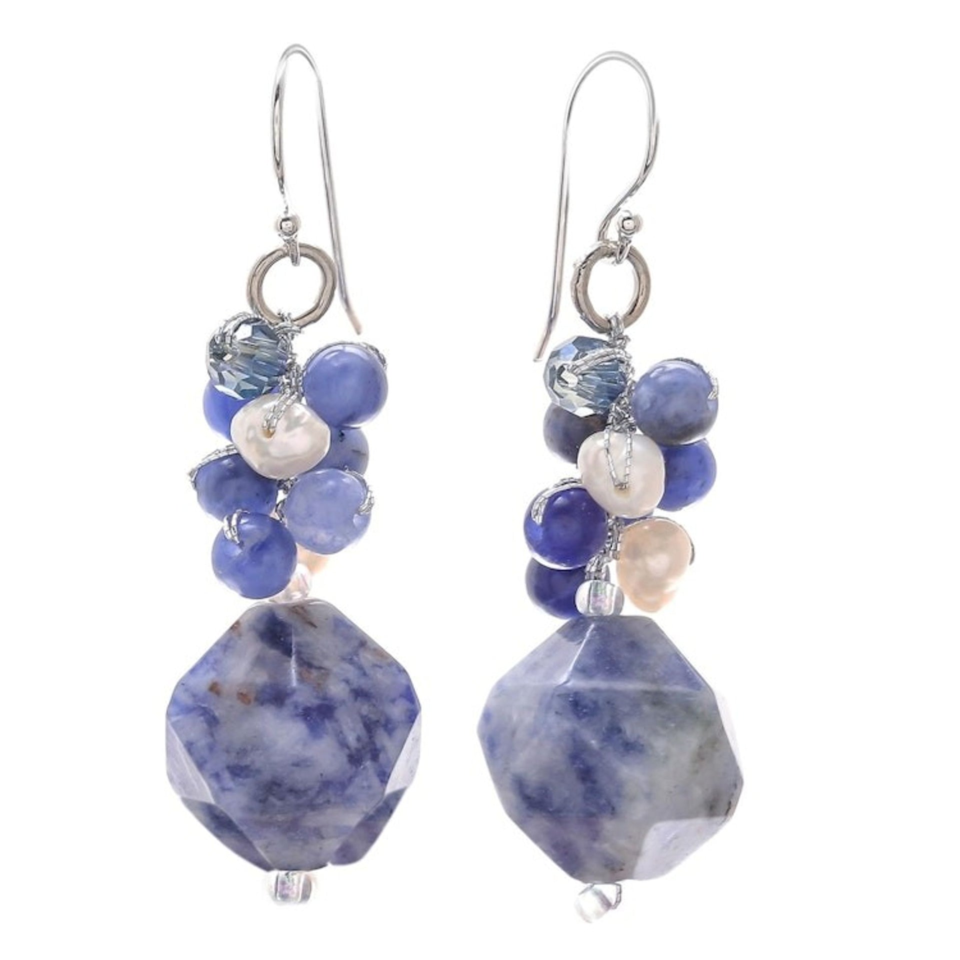 Lapis Lazuli and Cultured Pearl Beaded Cluster Earrings 'Beautiful Glam'