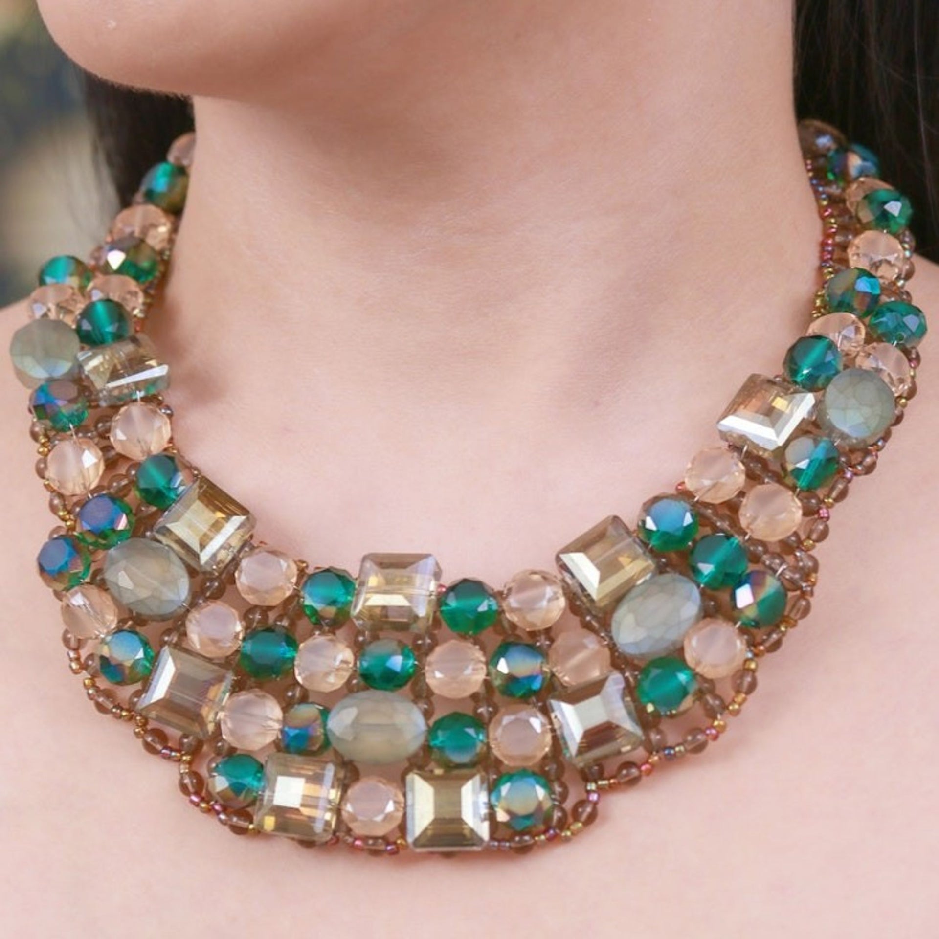 Green Glass Beaded Choker Necklace Handmade in Thailand 'Crystallized Green Nights'