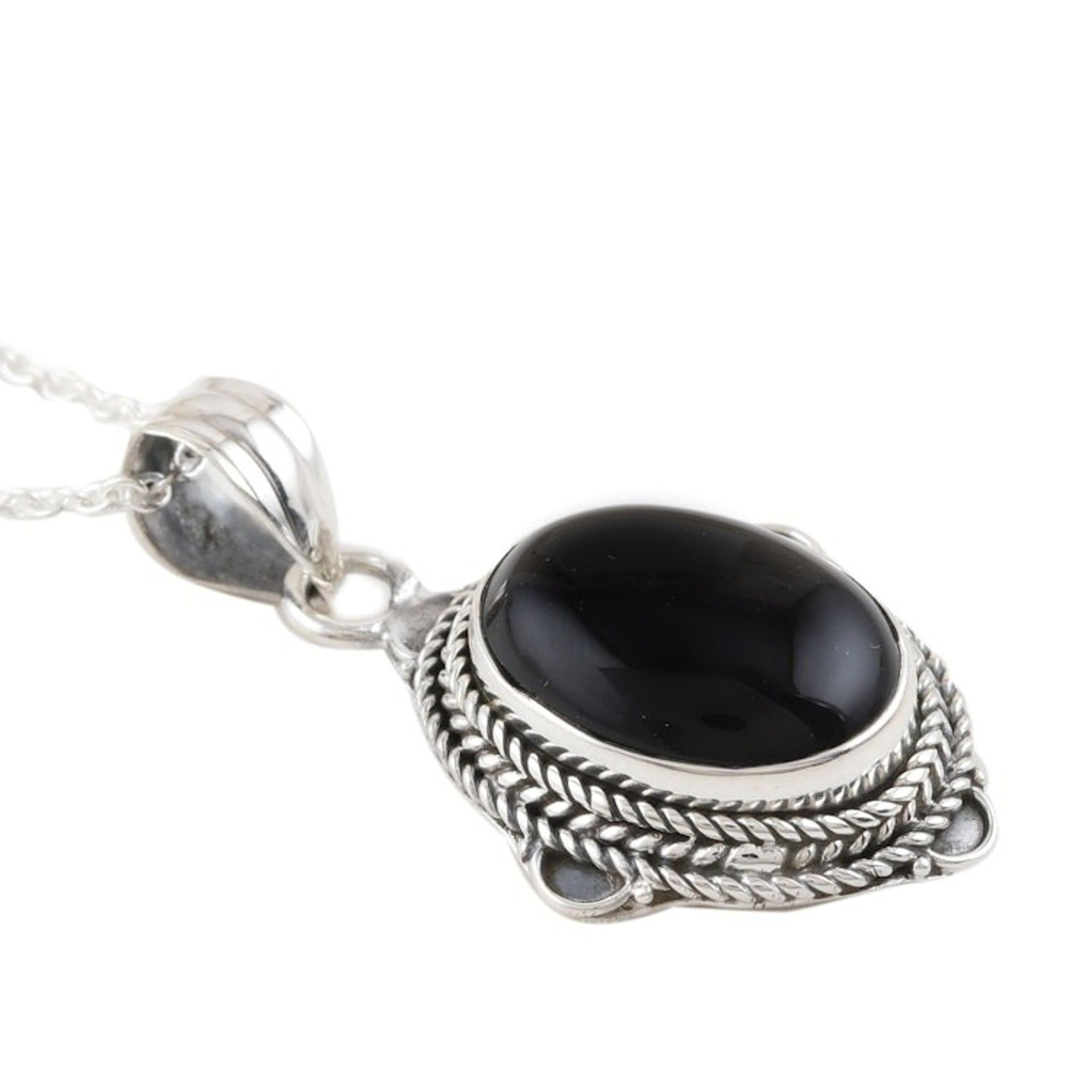 Black Onyx and Sterling Silver Pendant Necklace from India 'Nocturnal Allure'