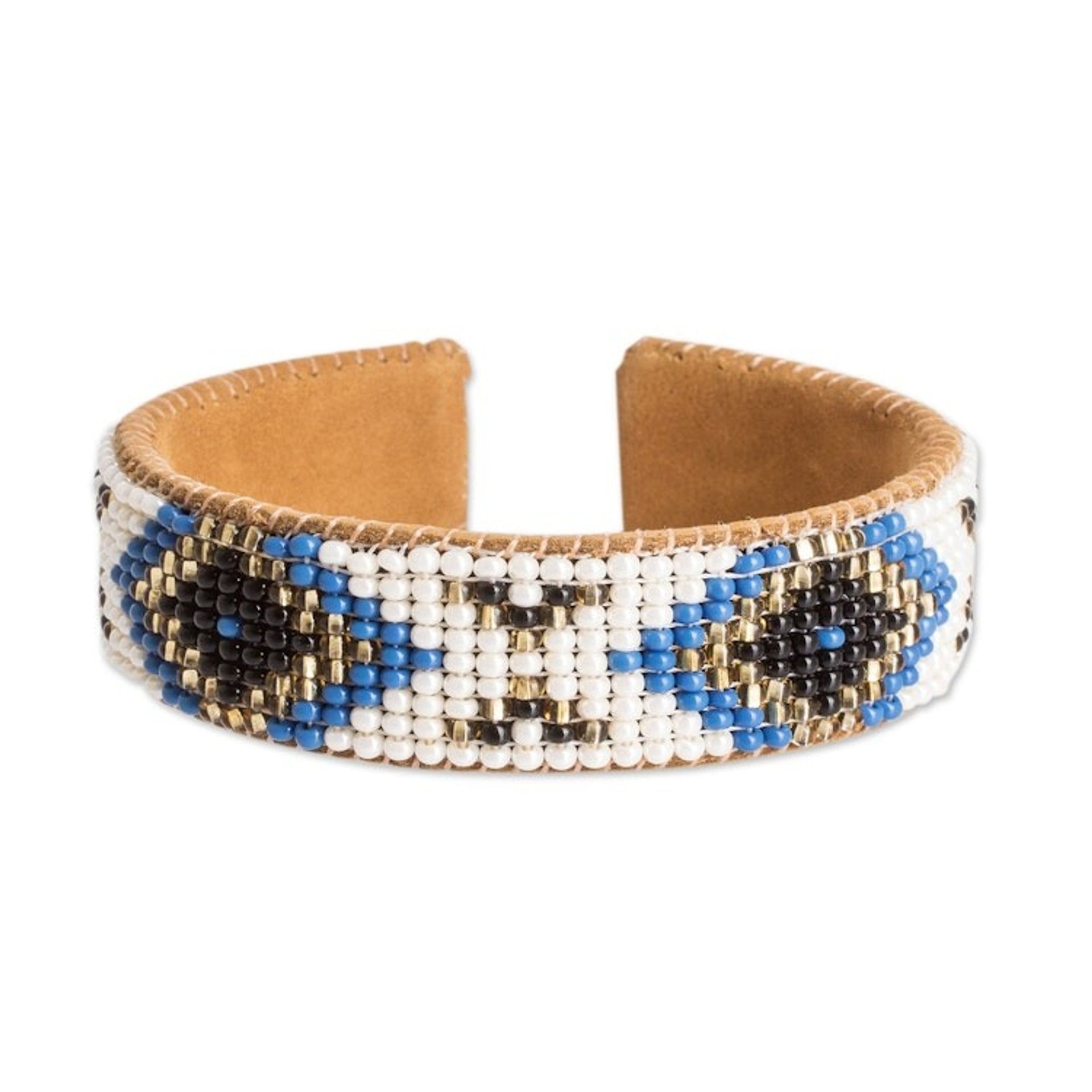 Ivory and Blue Glass Beaded Cuff Bracelet with Leather 'Deity Diamonds'