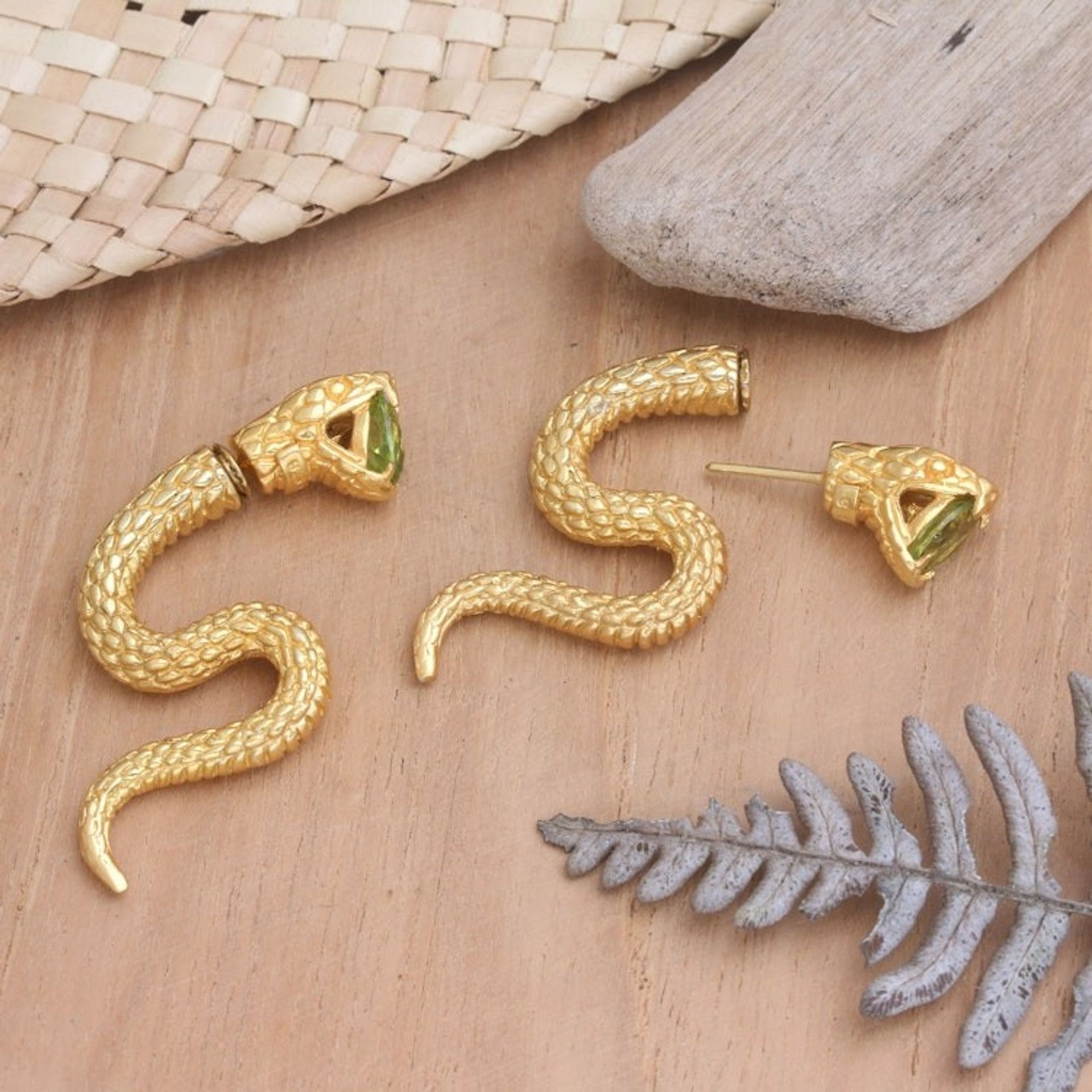 18k Gold-Plated Snake Drop Earrings with Peridot Stones 'Green Snake Attack'