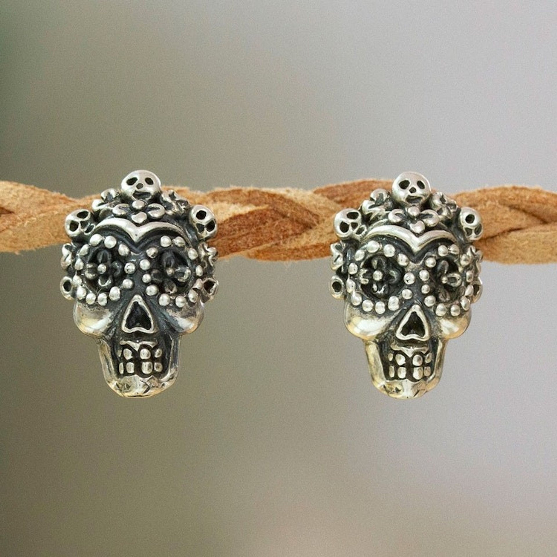 Day of the Dead Folk Art Godmother Button Earrings 'Godmother Skull'