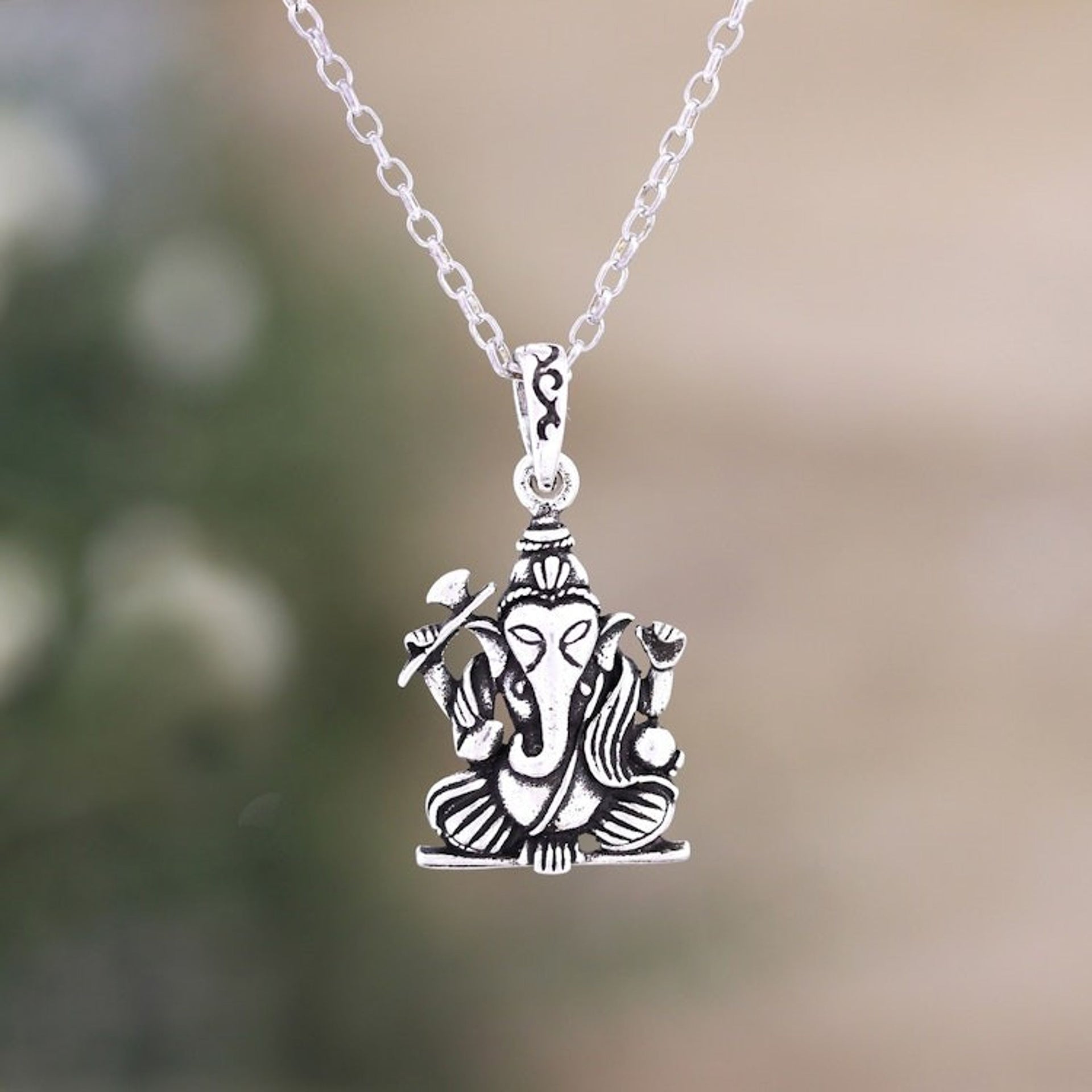 Hindu God Ganesha Themed Sterling Silver Pendant Necklace 'Spiritual Ganesha'