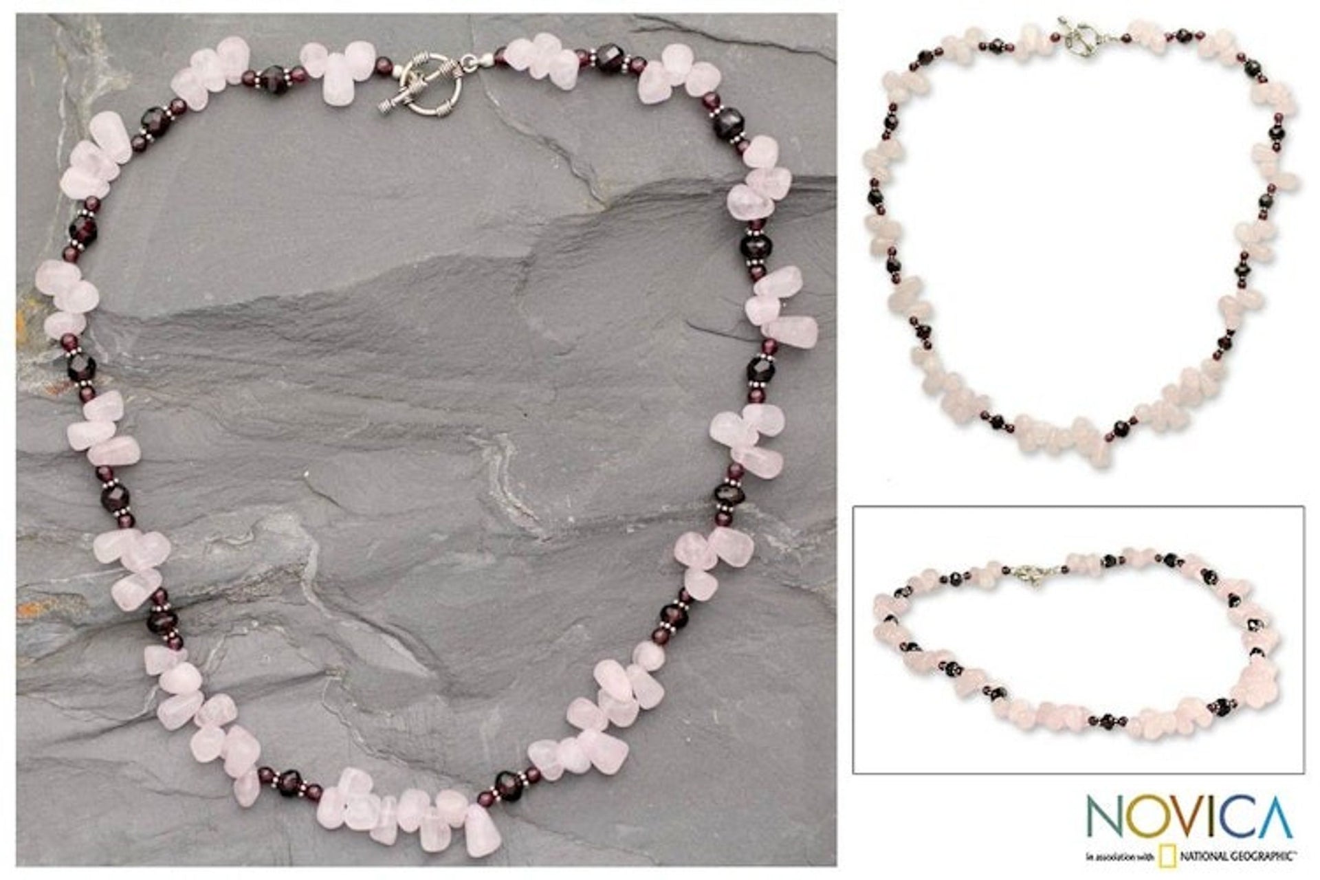 Garnet and rose quartz strand necklace 'Love's Serenade'