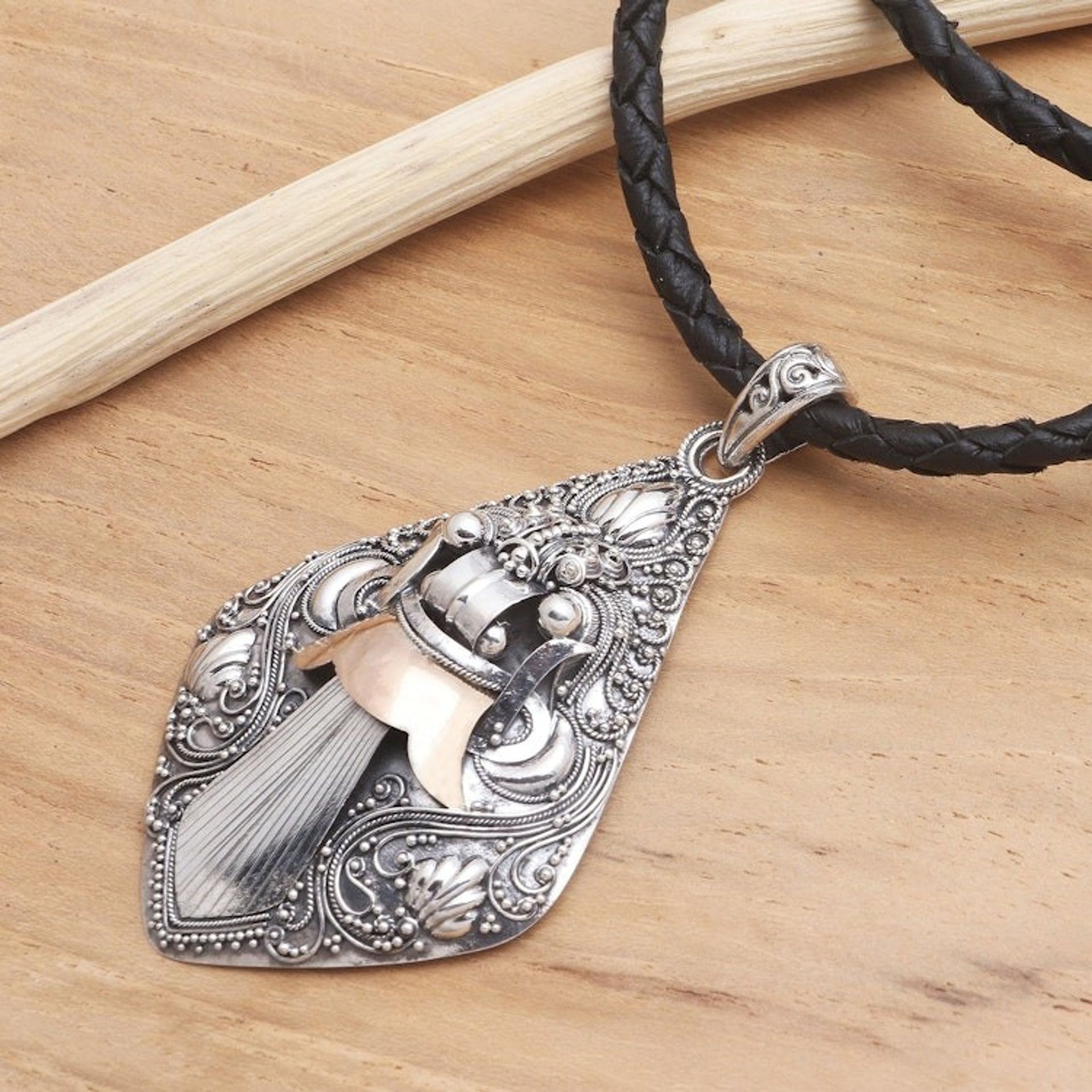 Hand Crafted Indonesian Silver and 18k Gold Necklace 'Bhoma Deity'