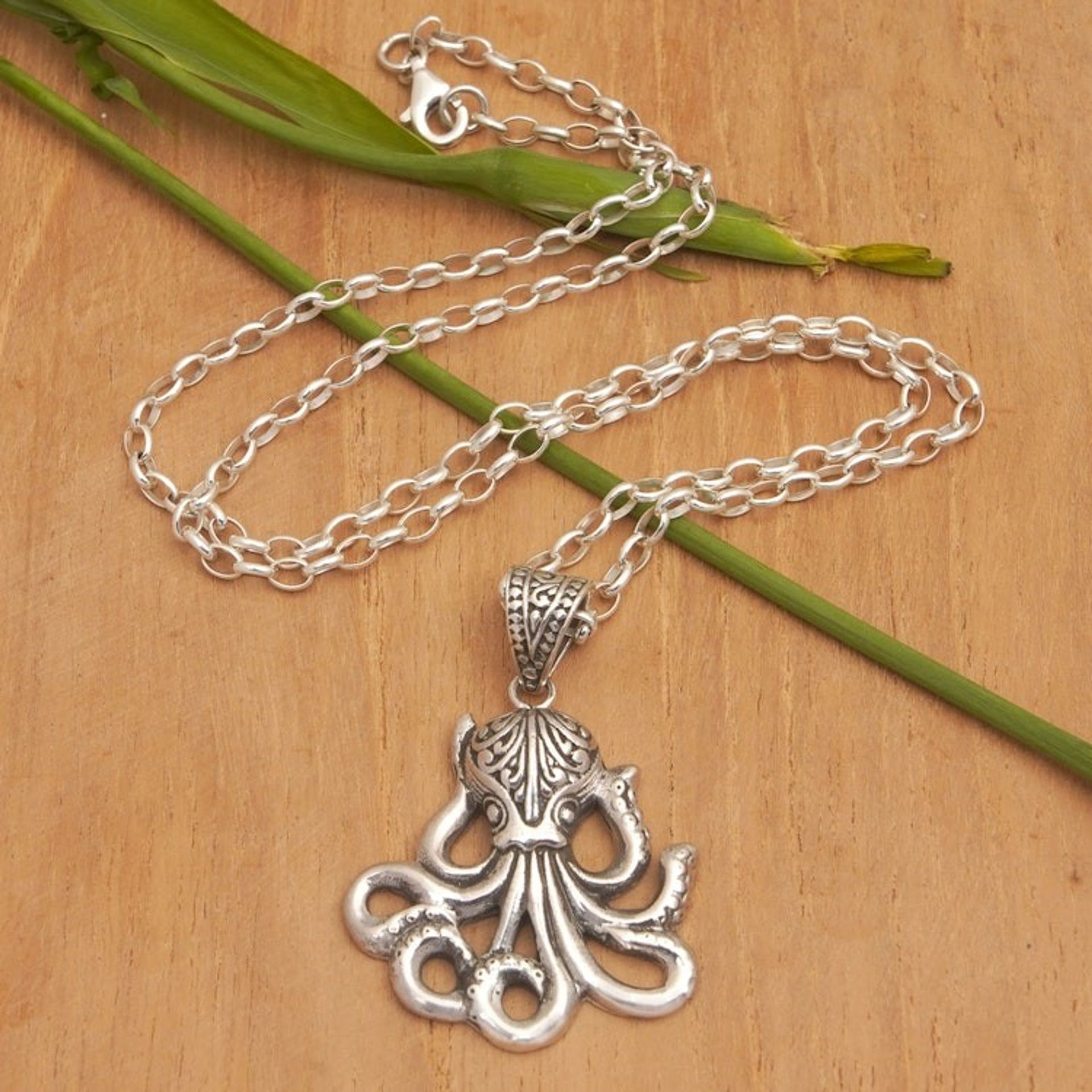 Octopus-Themed Sterling Silver Pendant Necklace from Bali 'Octopus Glory'