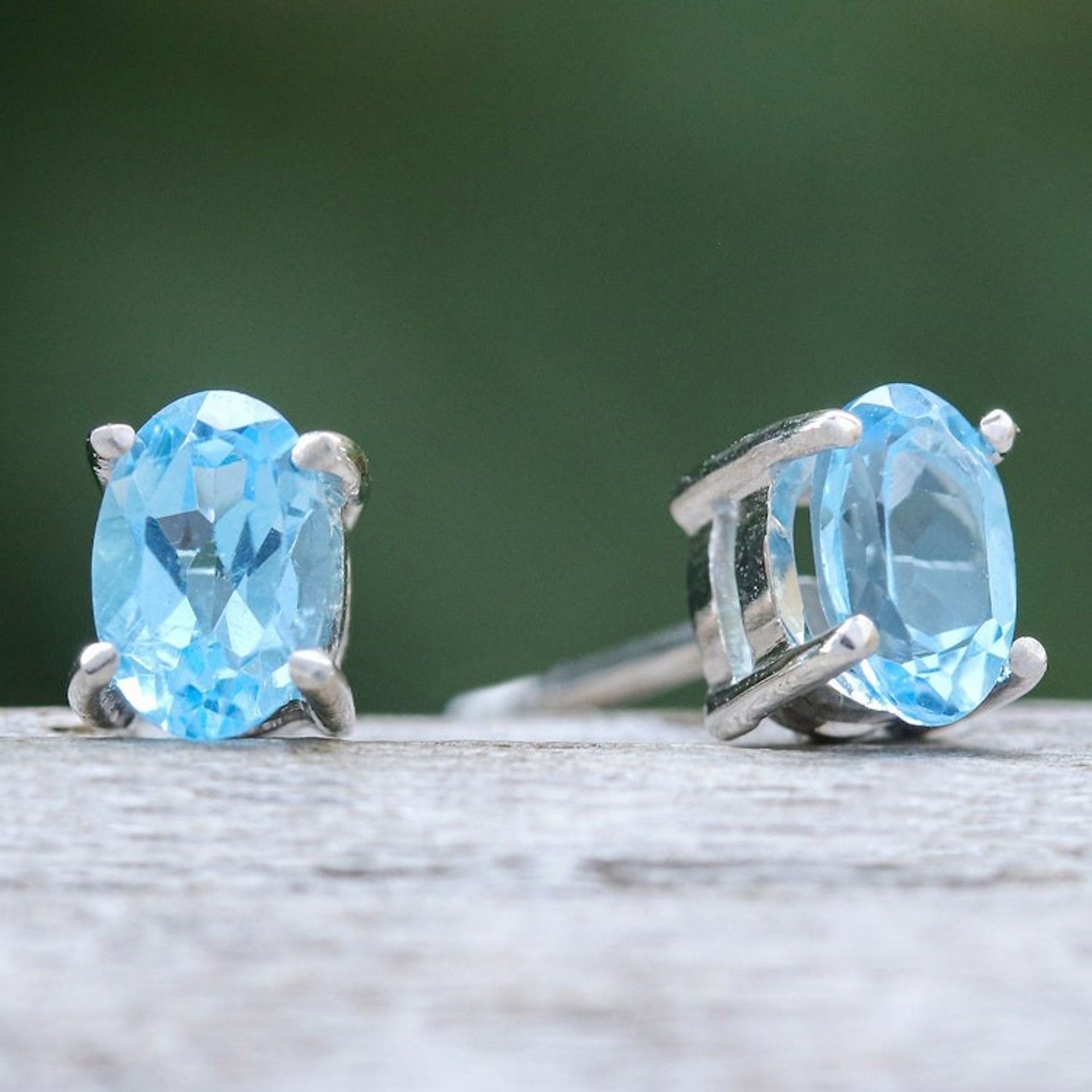Sterling Silver Button Earrings with Oval Blue Topaz Gems 'Loyalty Maiden'
