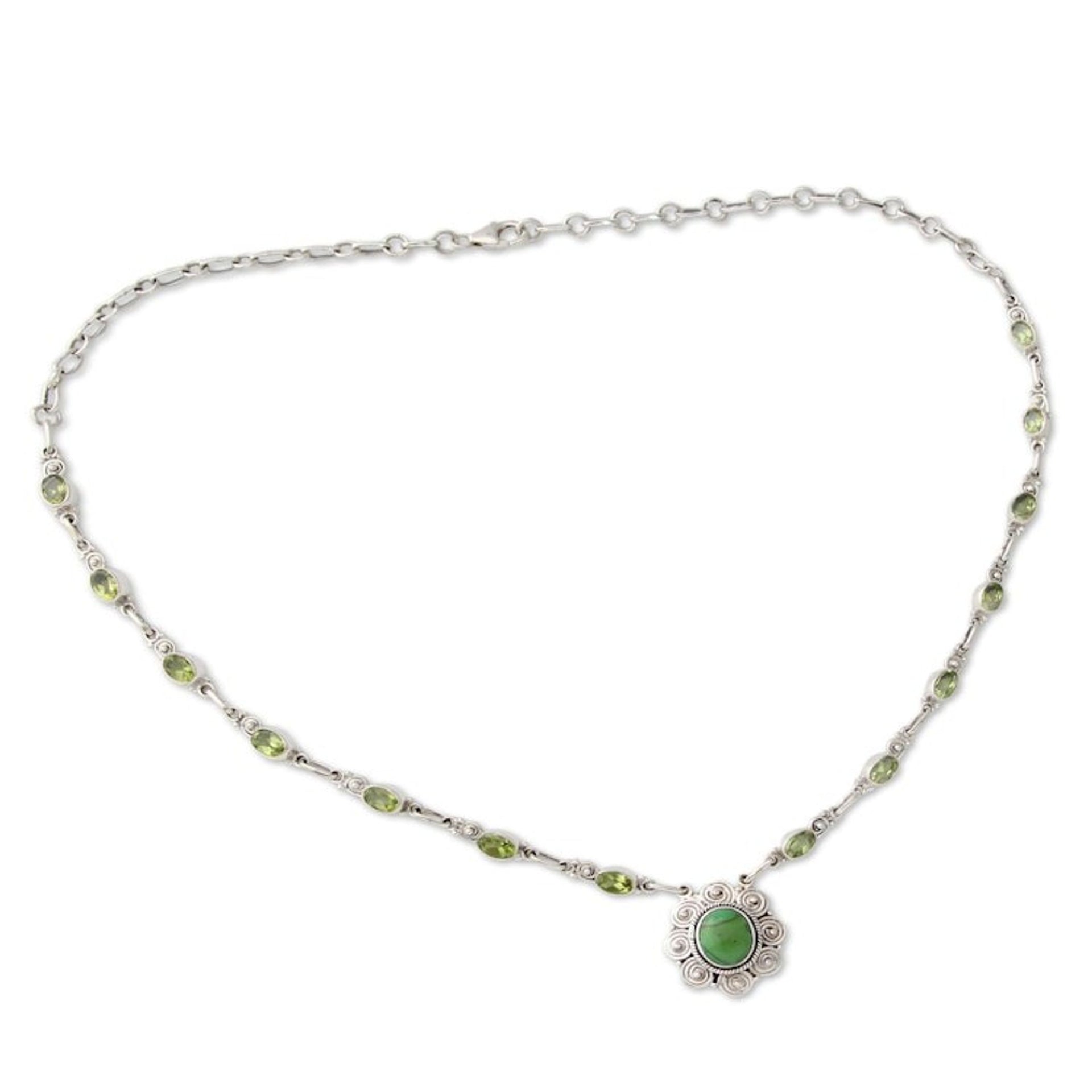 Peridot and Silver 925 Necklace with Composite Turquoise 'Woodland Halo'
