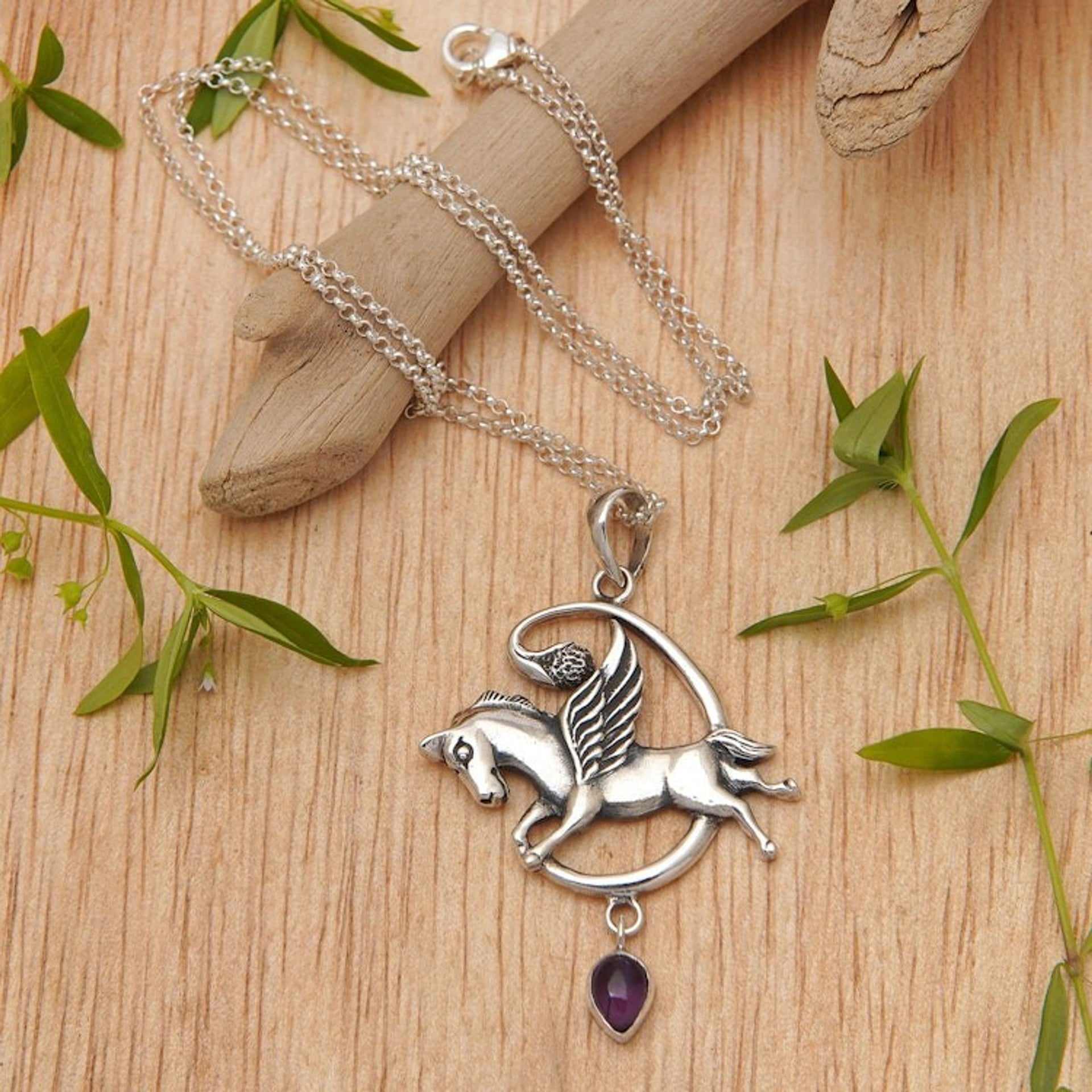 Sterling Silver and Amethyst Pegasus Pendant Necklace 'Pegasus Heaven'
