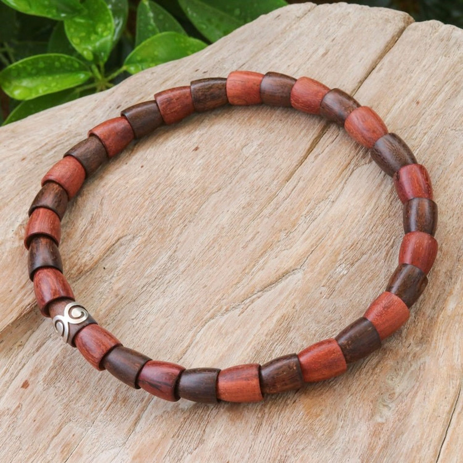 Wood and Sterling Silver Beaded Stretch Necklace 'Spiral Bangle'