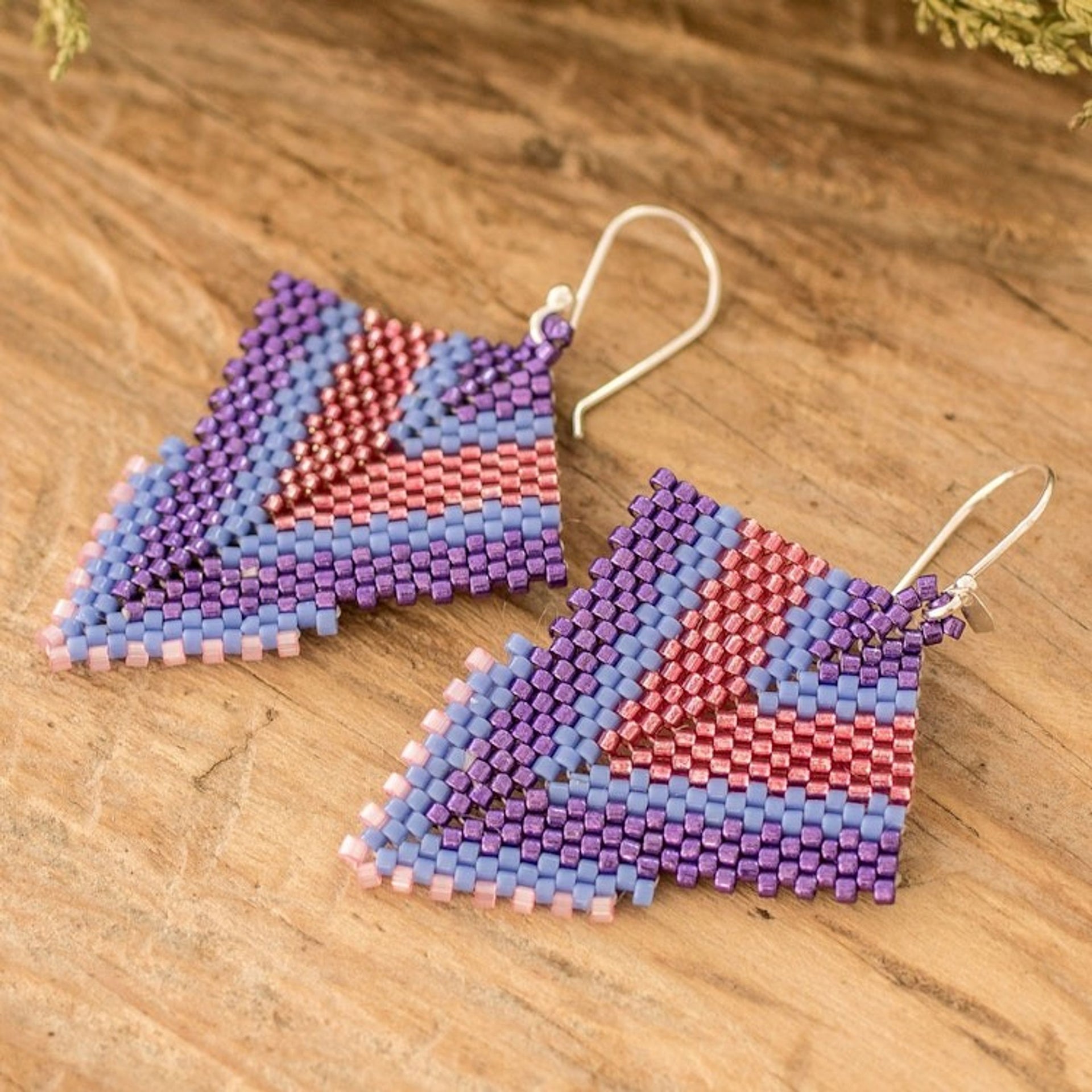 Handcrafted Purple and Pink Glass Beaded Dangle Earrings 'Purple Signals'