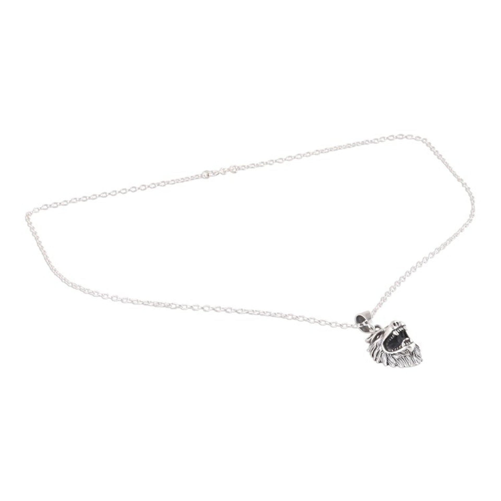 Sterling Silver Wolf Pendant Necklace from India 'Fascinating Wolf'