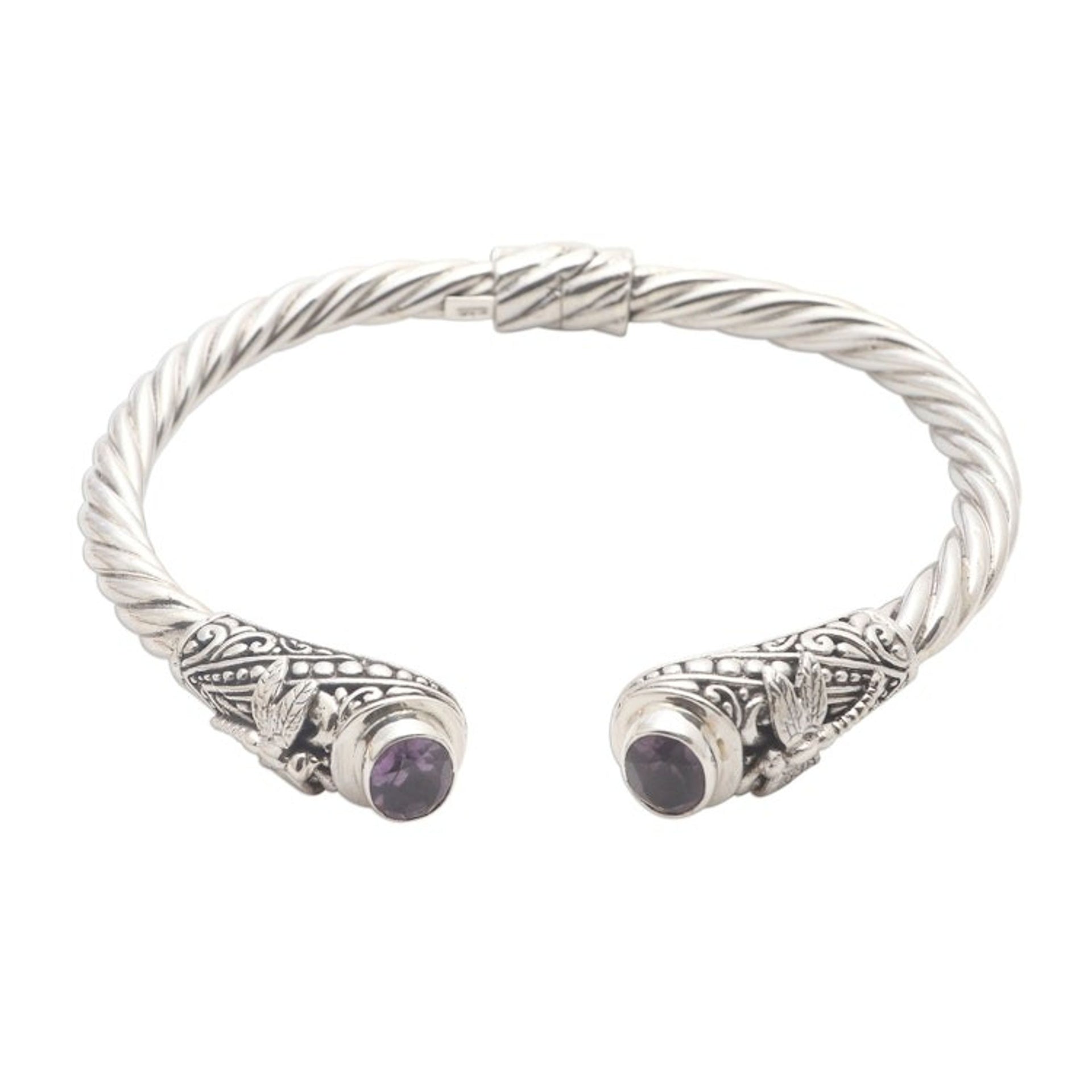 Amethyst Cuff Bracelet with Dragonfly Motif 'Perched Dragonfly'
