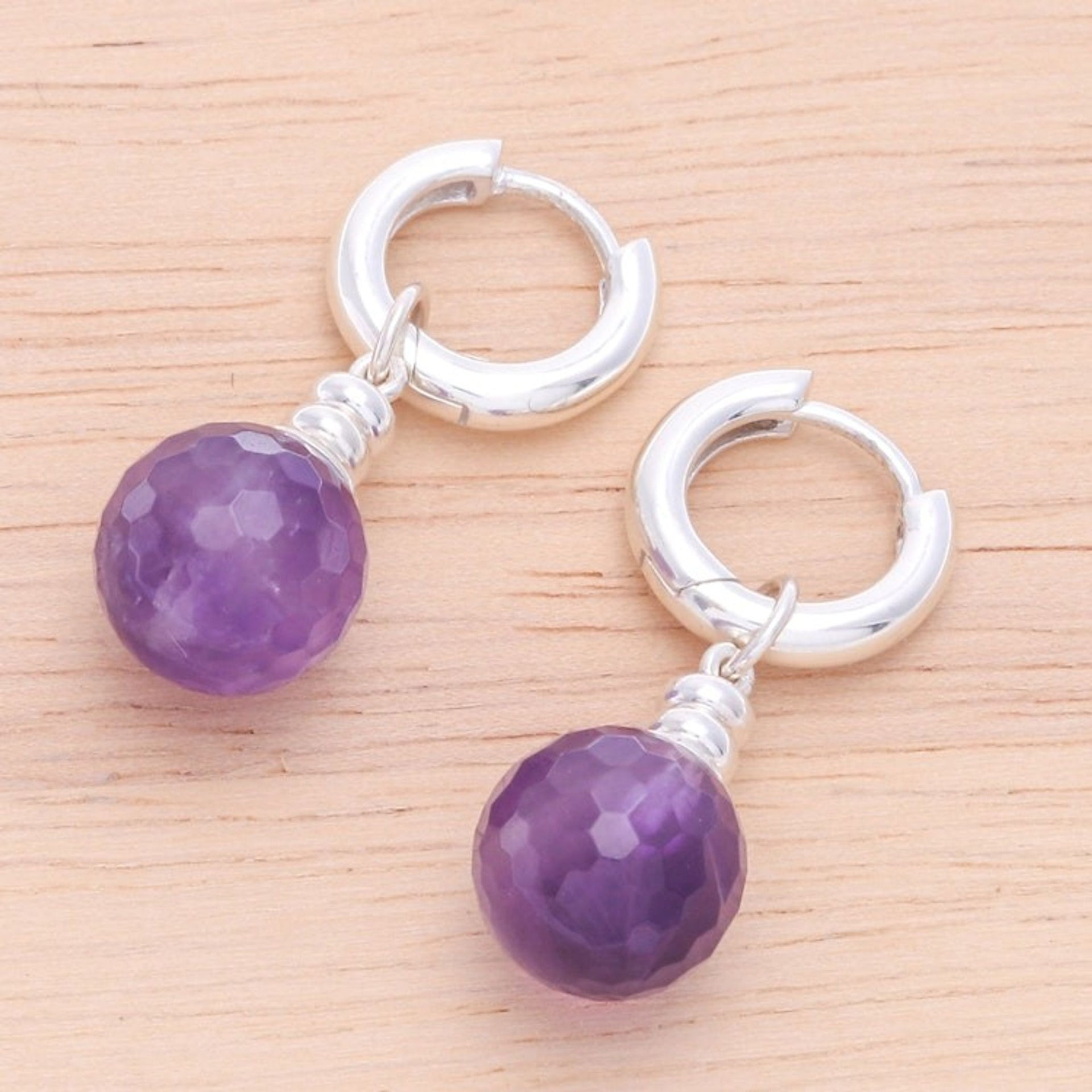 Sterling Silver Hoop Earrings with Dangling Amethyst Stones 'Shining Splendor'