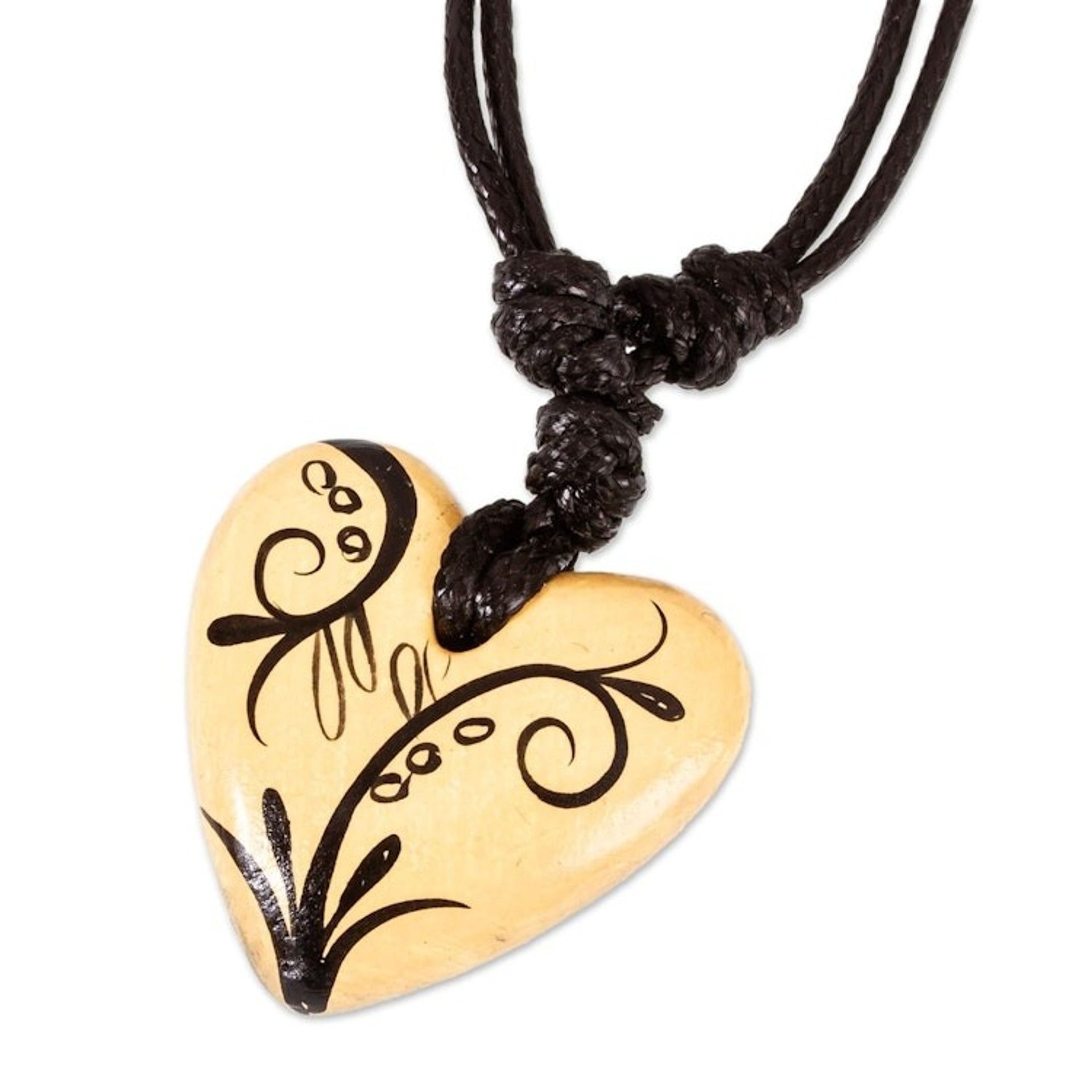 Handmade Beige Hand Painted Heart Necklace in Papier Mache 'Reaching Heart'