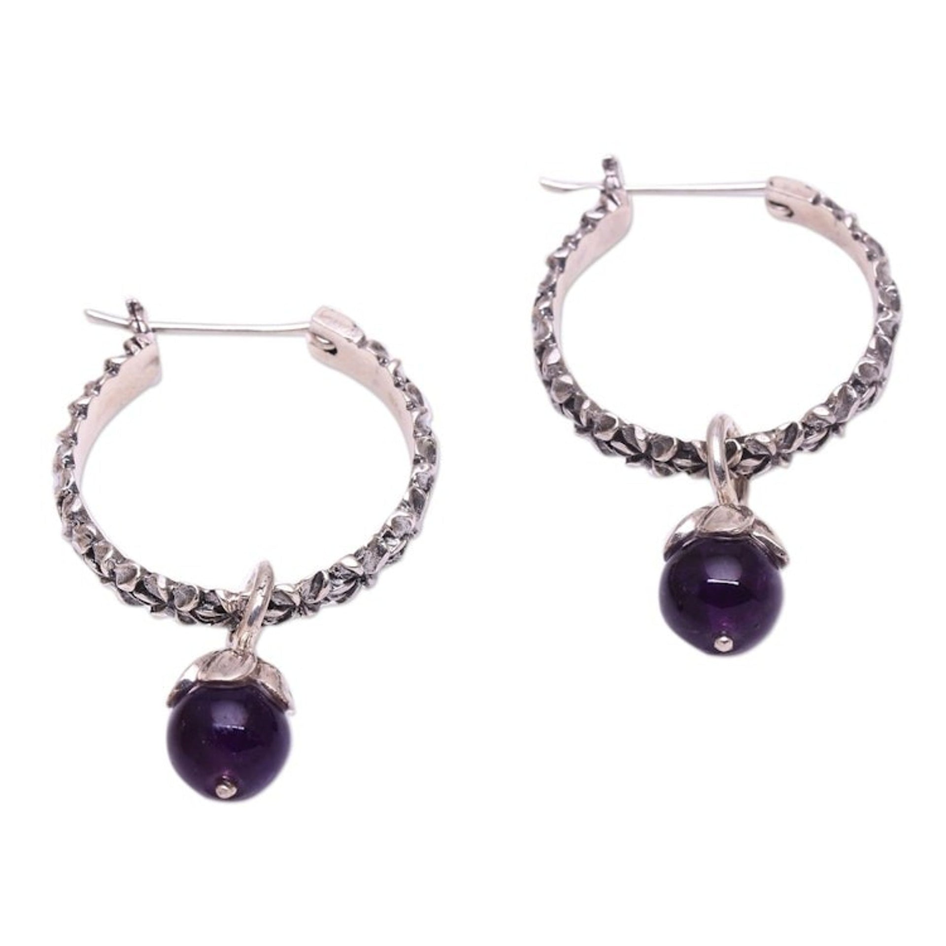 Amethyst and Sterling Silver Floral Motif Hoop Earrings 'Budding Spirit'