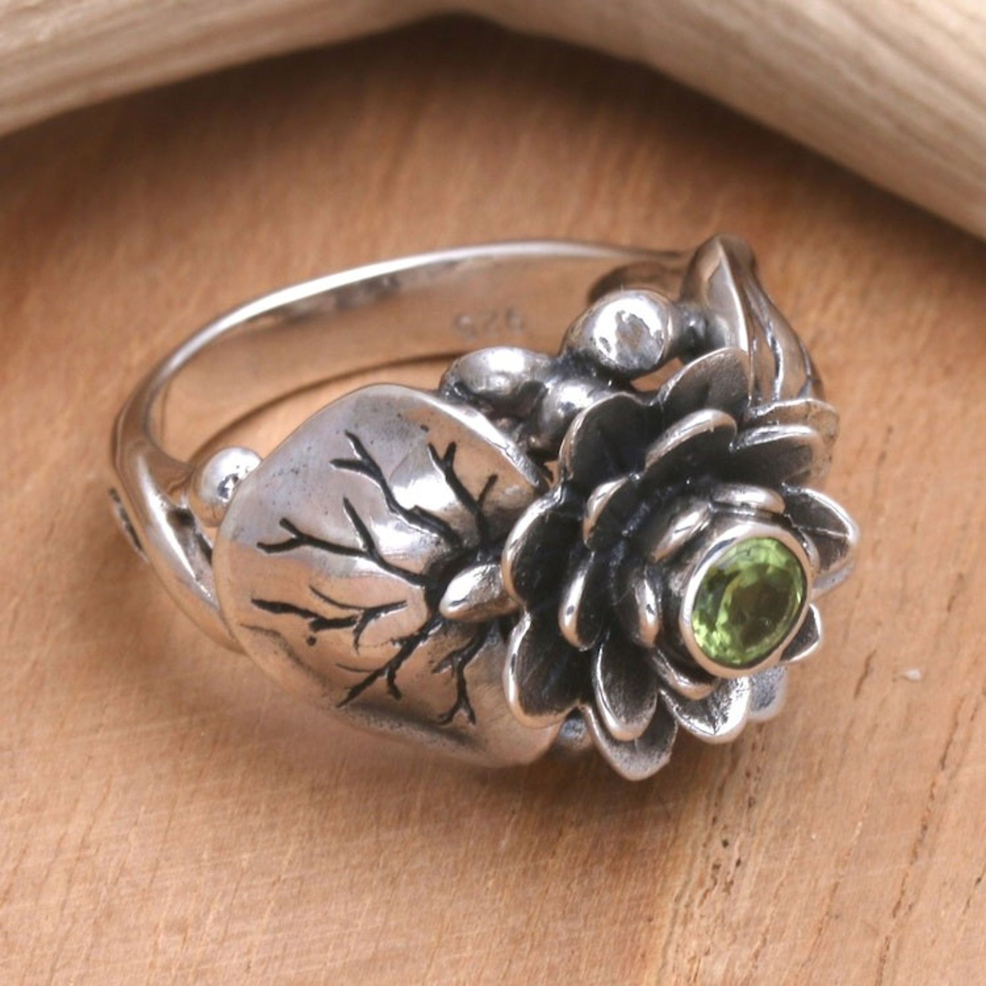Handcrafted Peridot and Sterling Silver Ring 'Lotus Purity'