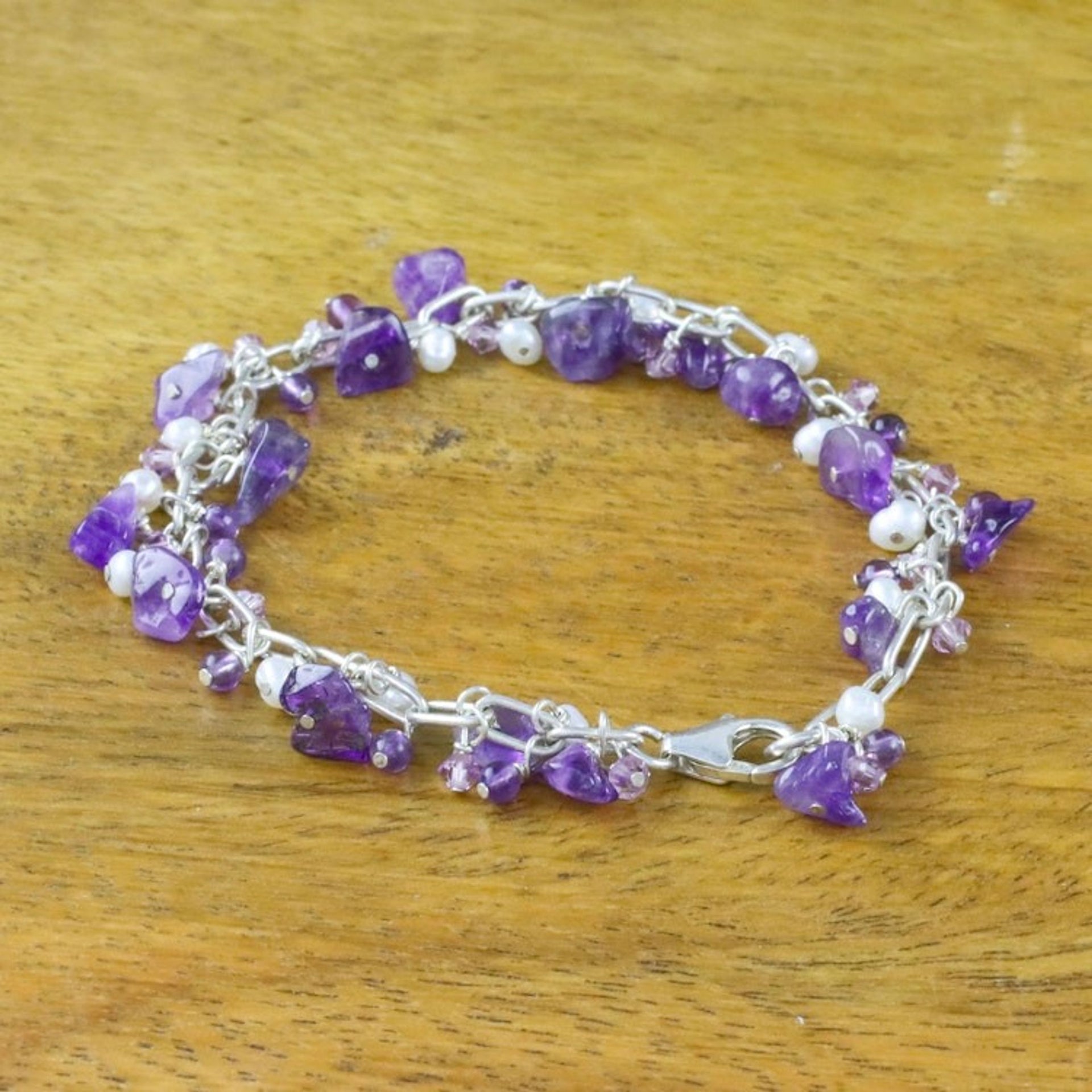 Amethyst and Cultured Pearl Beaded Bracelet from Thailand 'Violet Dream'