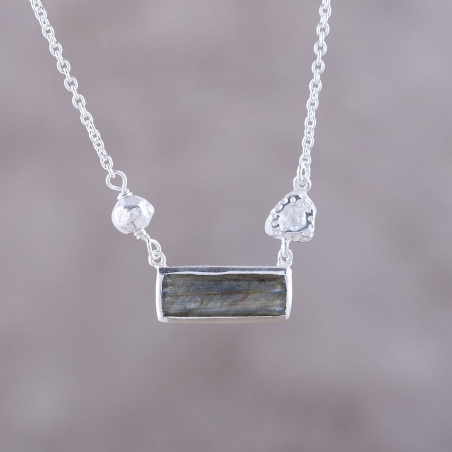 Modern Labradorite and Sterling Silver Pendant Necklace 'Sliver of Dusk'
