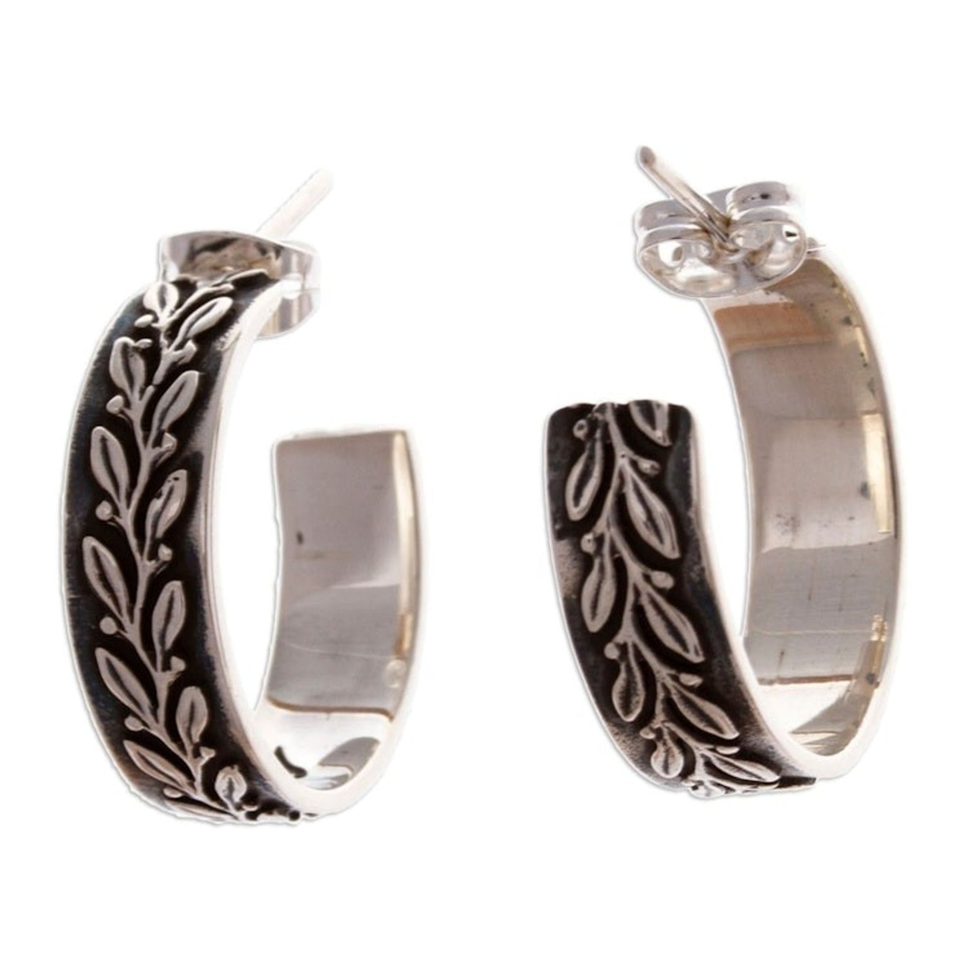 Oxidized Leafy Embossed Taxco Silver Half-Hoop Earrings 'Ode to Nature'
