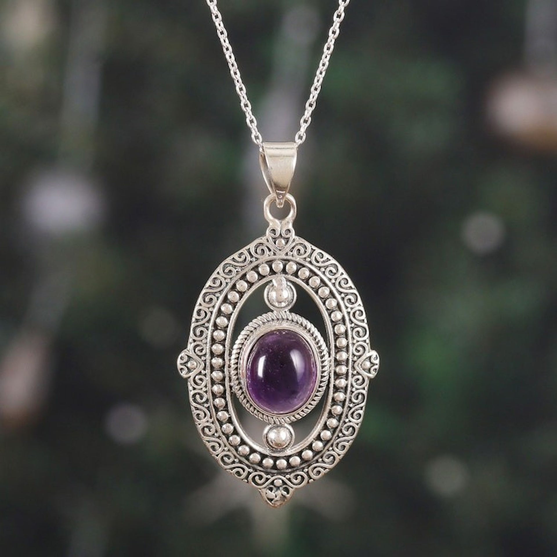 Amethyst and Sterling Silver Pendant Necklace from India 'Twilight Enchantment'