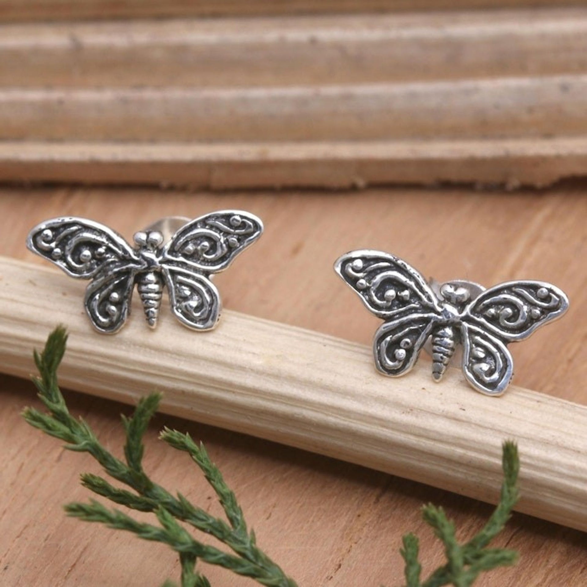 Sterling Silver Butterfly Button Earrings 'Butterfly Memories'