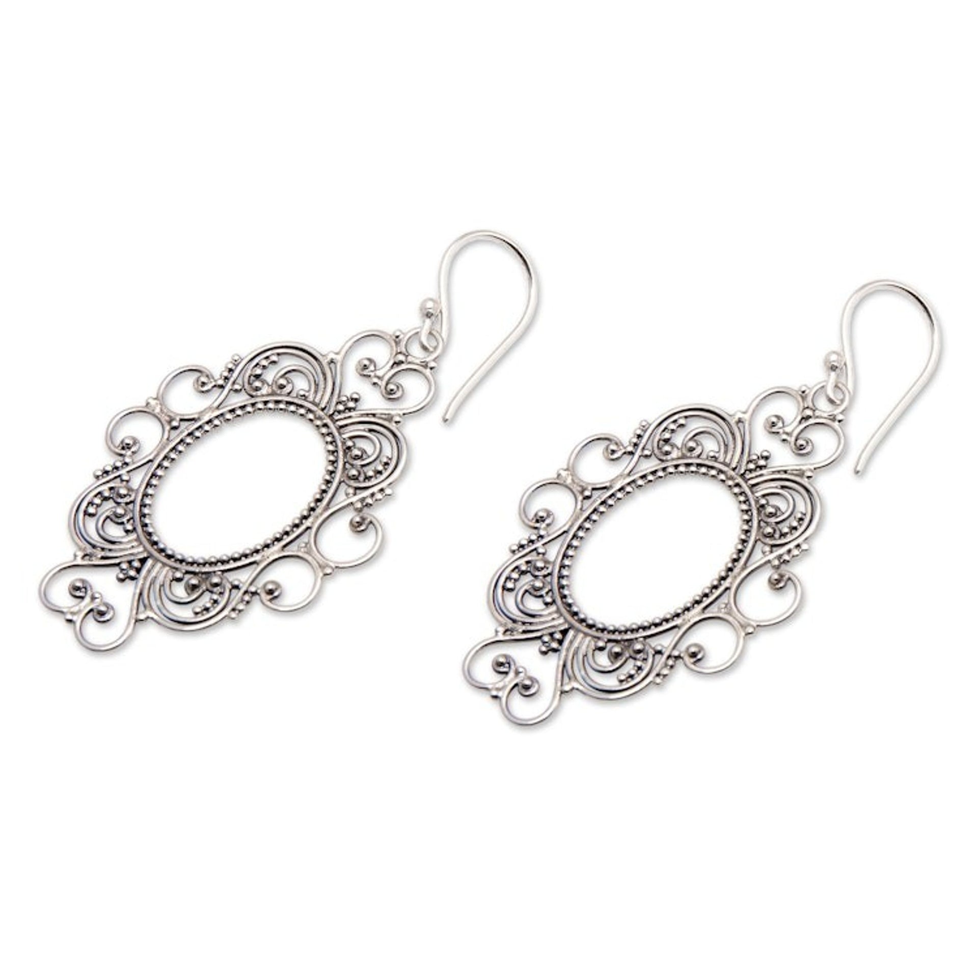 Classic Sterling Silver Filigree Dangle Earrings from Bali 'Magic Mirror'