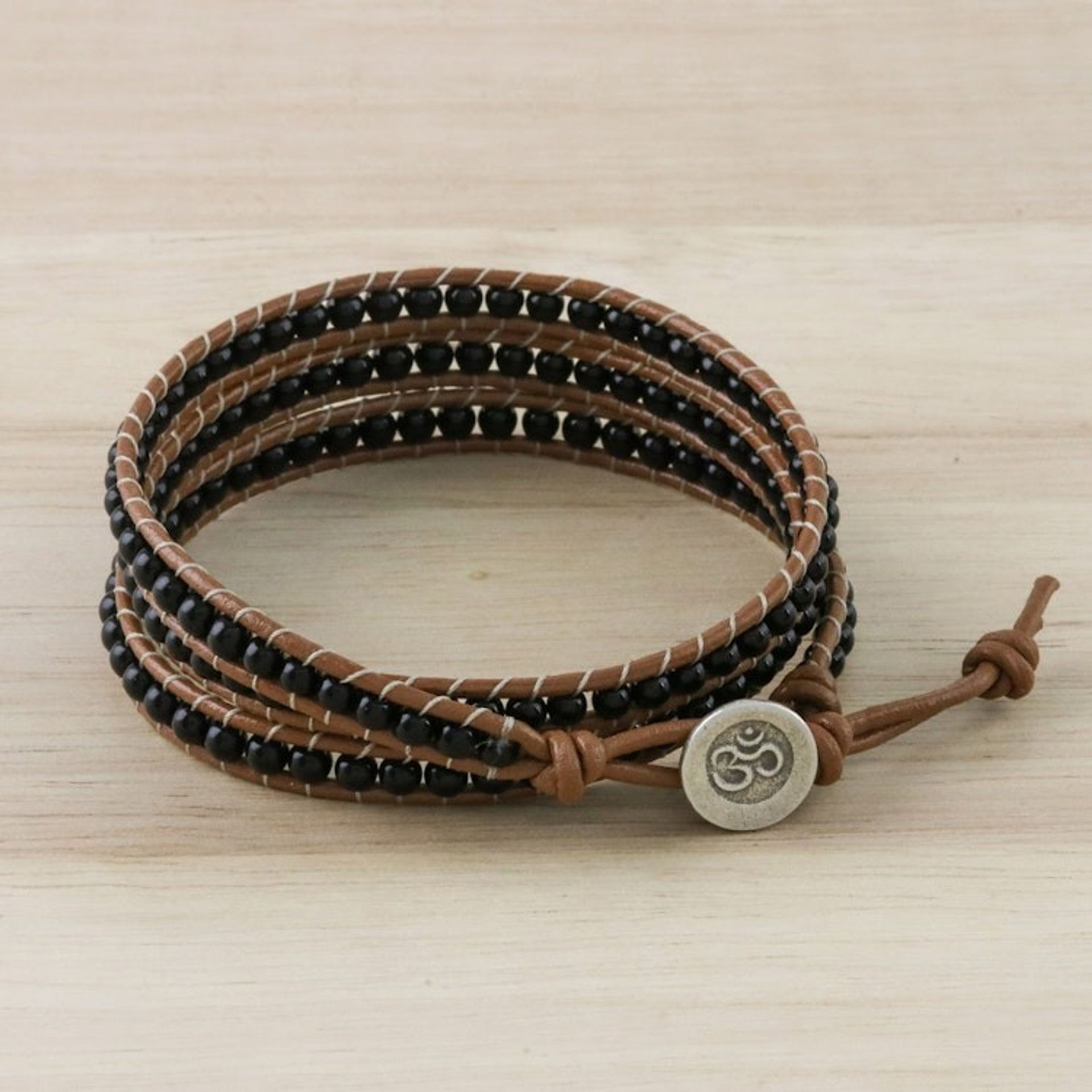 Onyx Beaded Wrap Bracelet from Thailand 'Calm Touch'