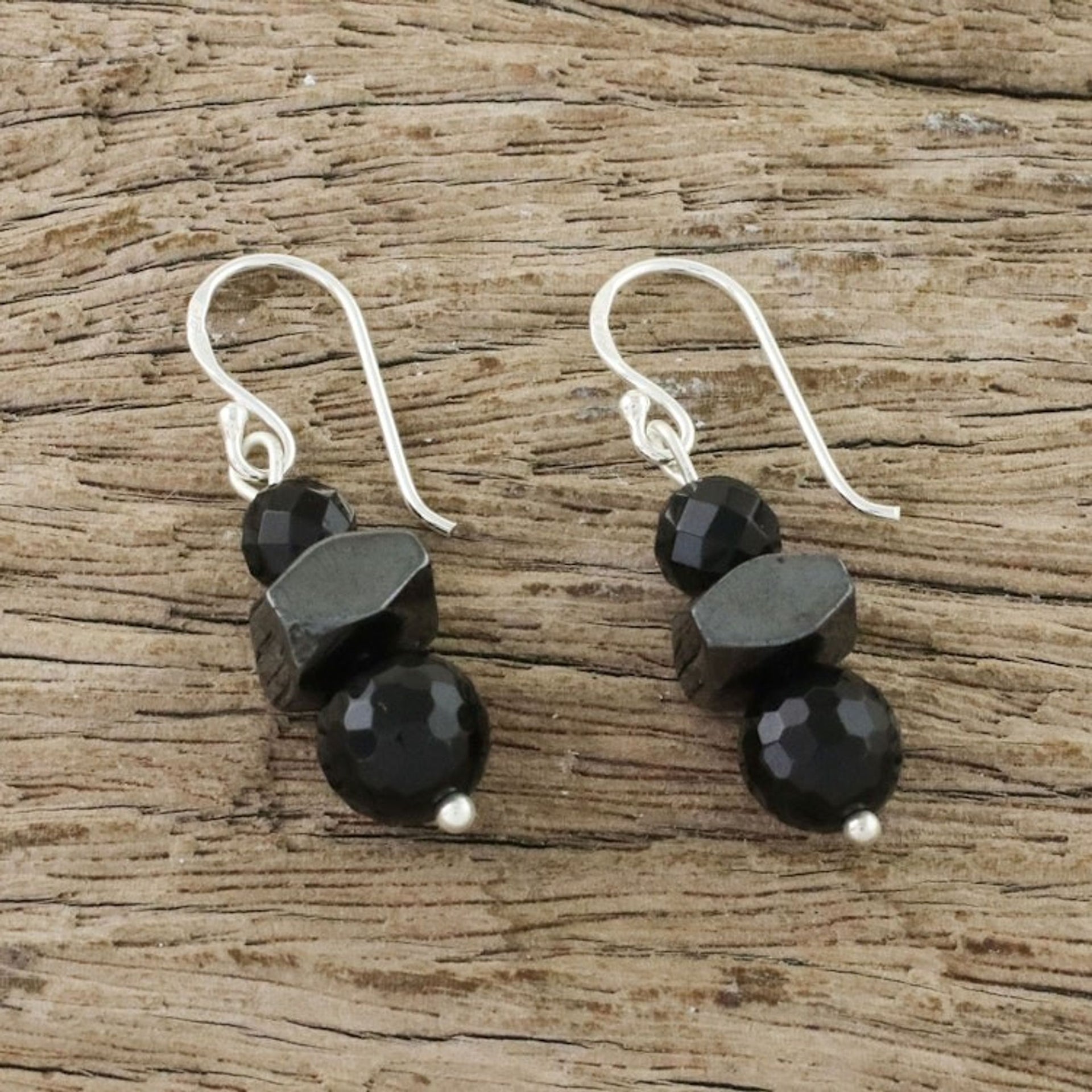 Onyx and Hematite Dangle Earrings from Thailand 'Style by Night'