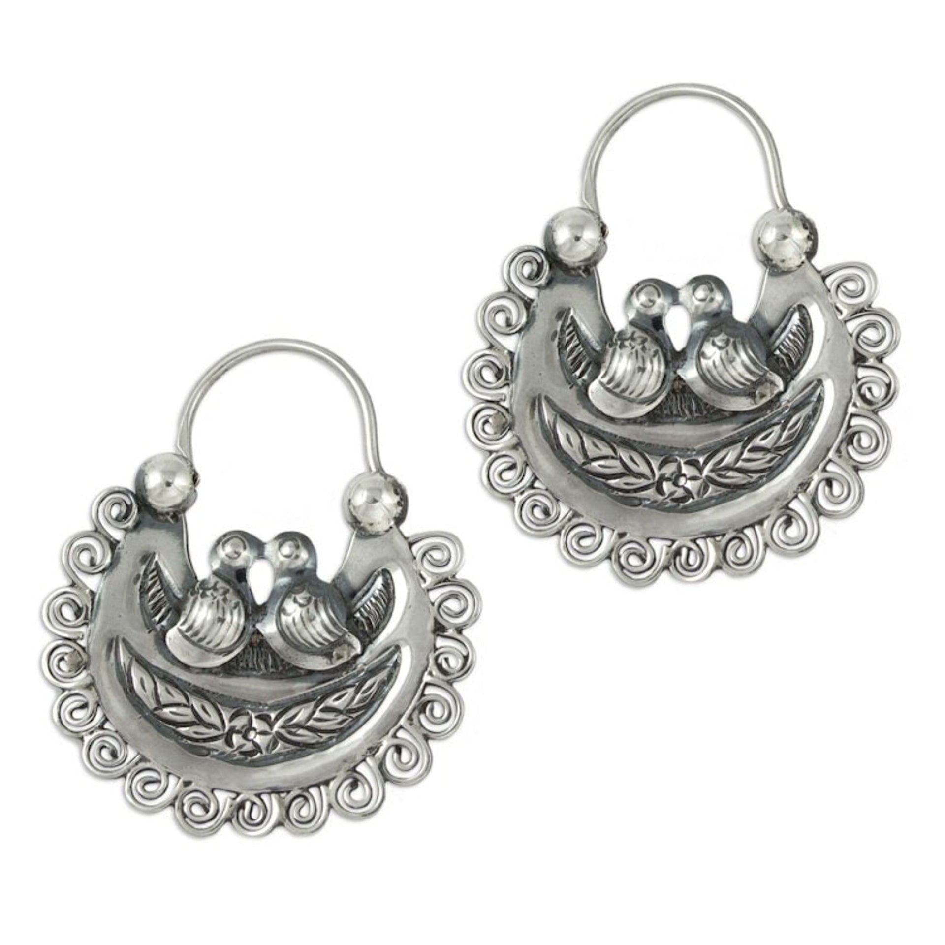 Artisan Crafted Silver Mazahua Style Sterling Hoop Earrings 'Mazahua Lovebirds'