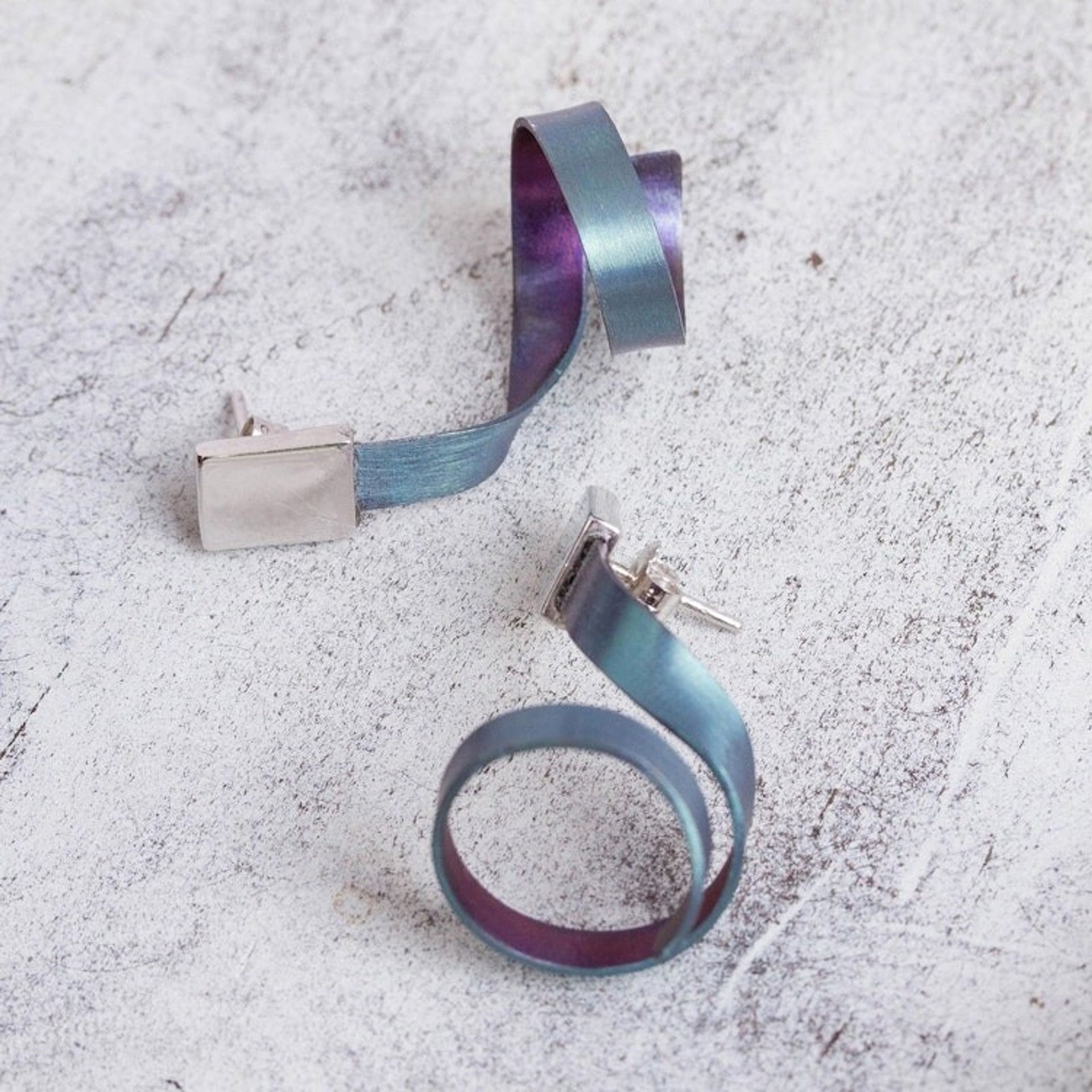 Modern Titanium Plated Sterling Silver Drop Earrings 'Modern Ribbons'