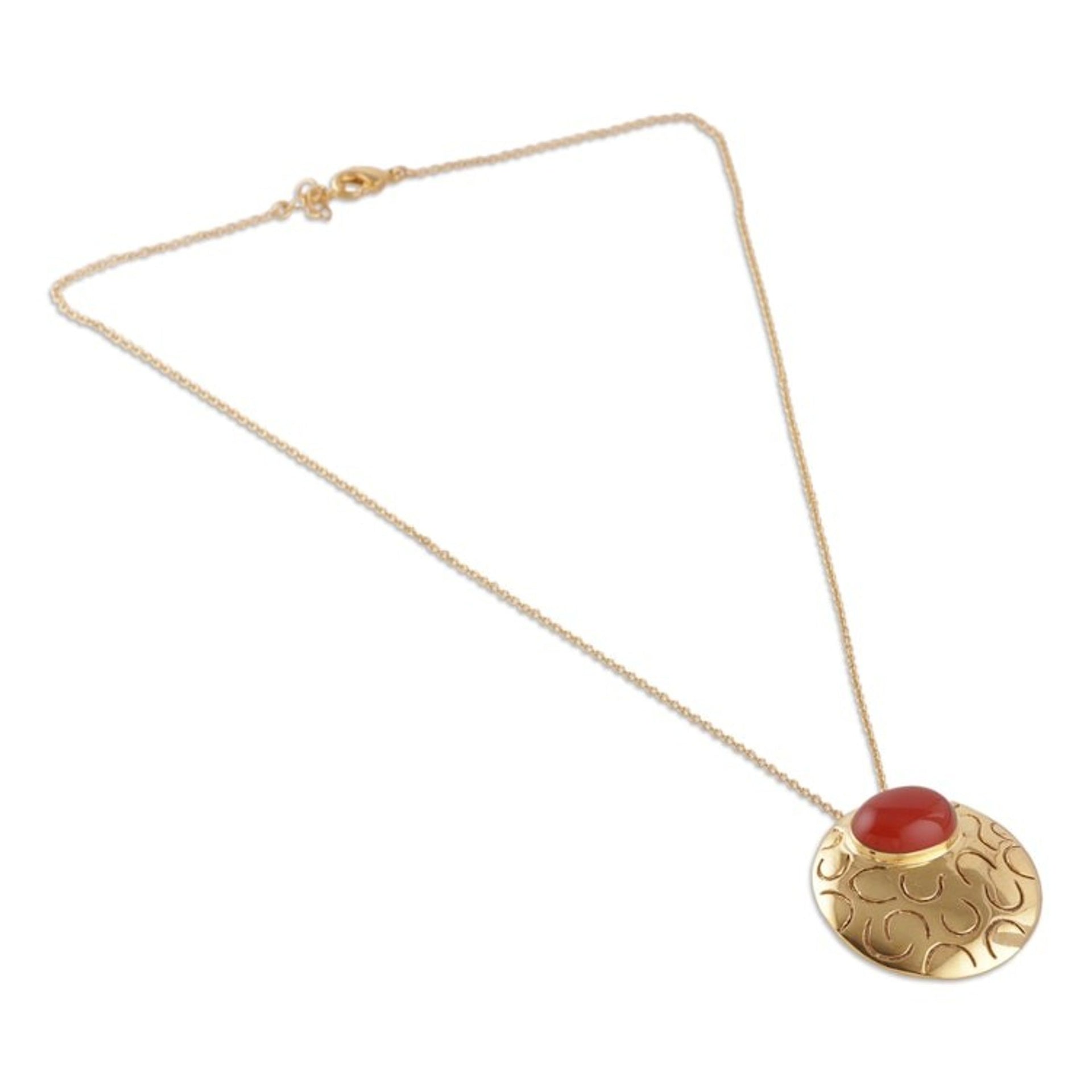 High-Polished Brass and Red Onyx Pendant Necklace 'Glowing Flame'