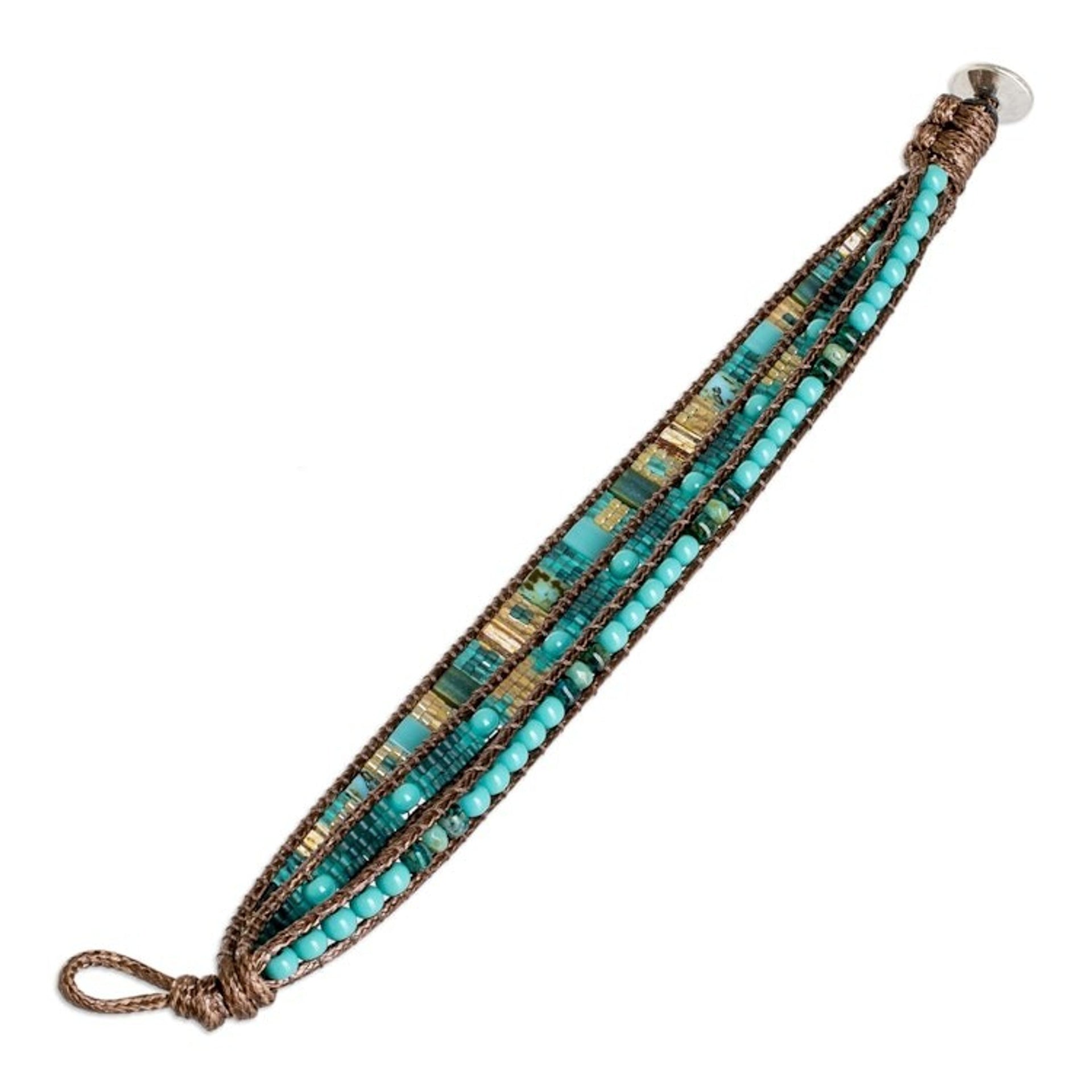 Golden and Green Glass Beaded Strand Wristband Bracelet 'Beach Days'