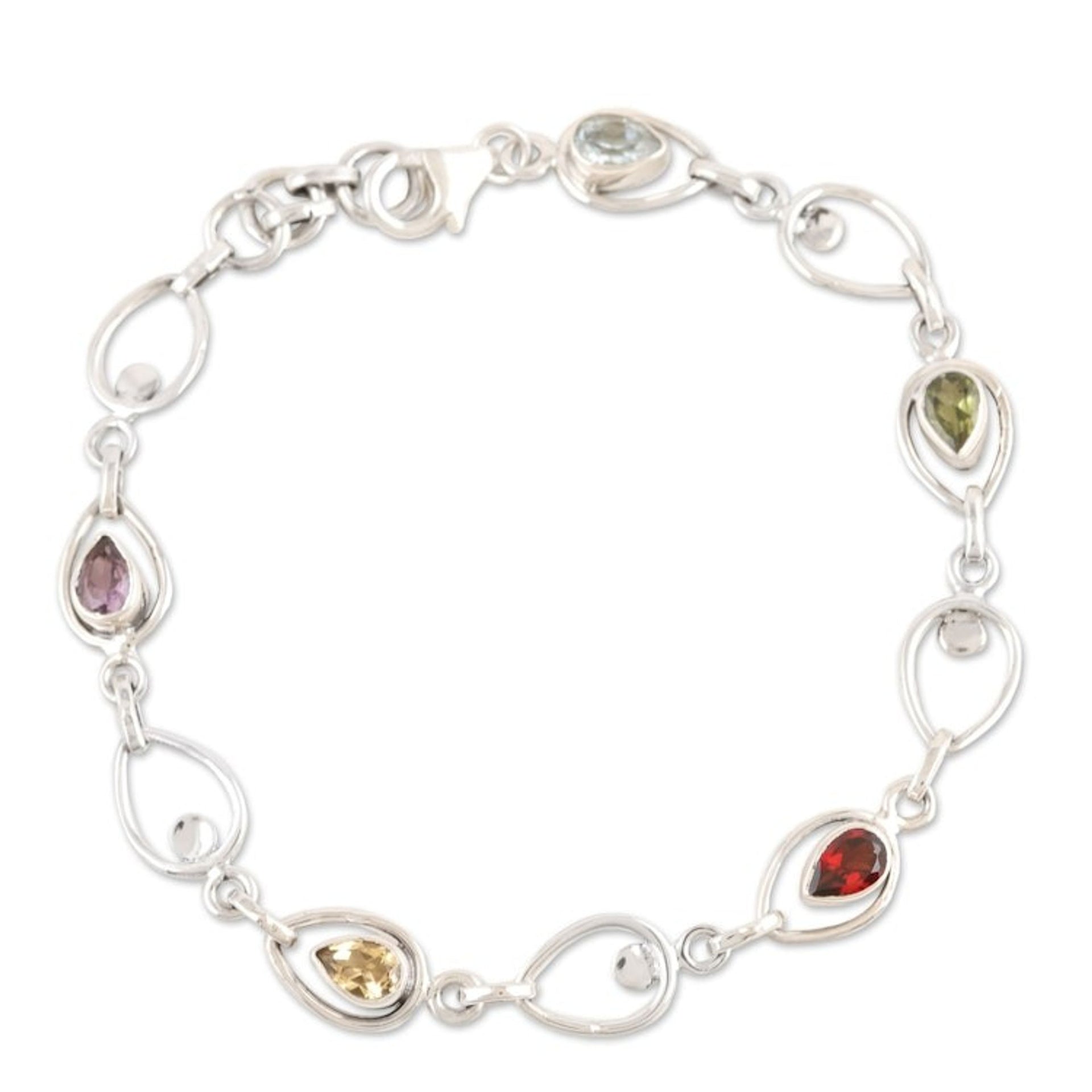 Multi-gemstone Sterling Silver Link Bracelet from India 'Charming Colors'