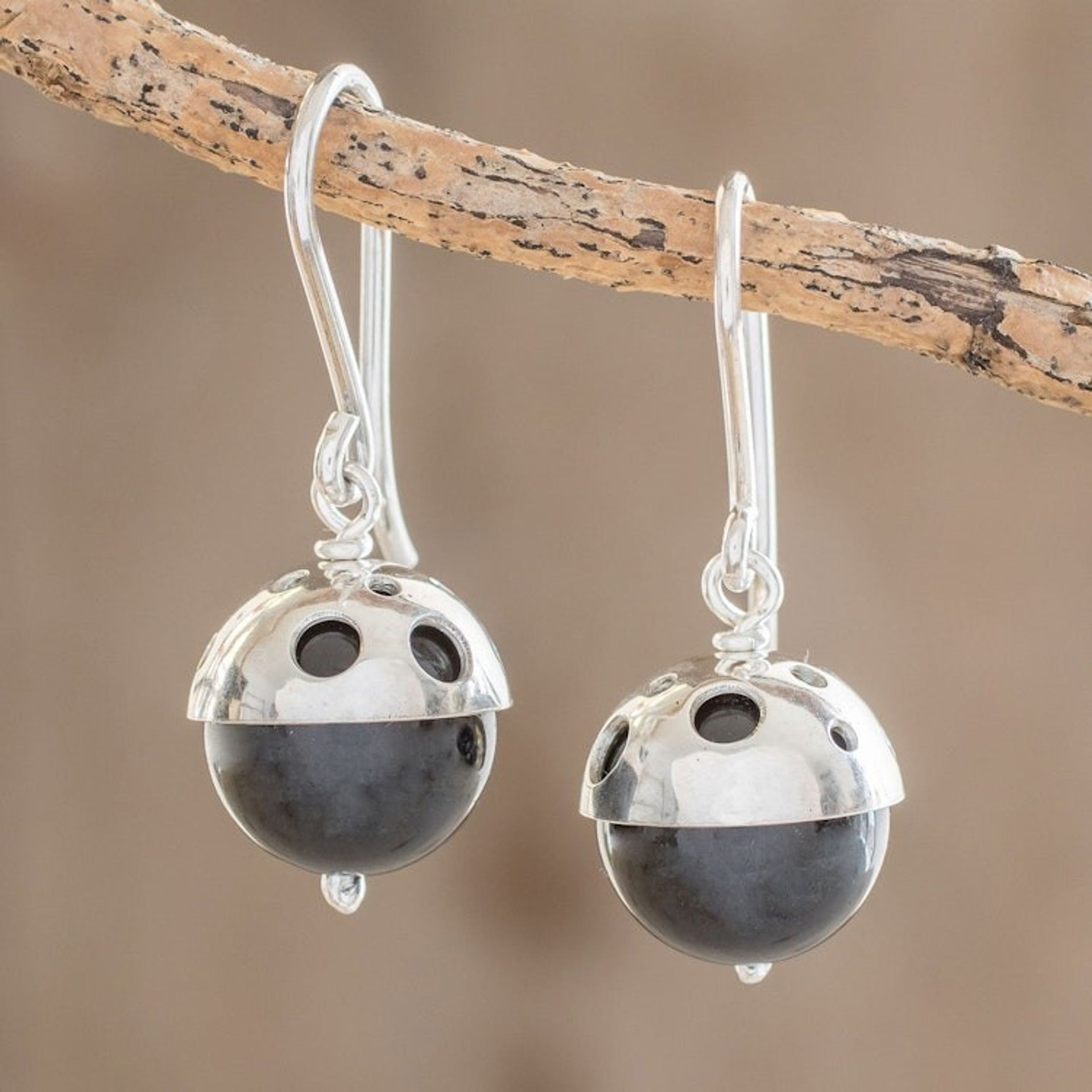 Modern Circular Onyx Dangle Earrings from Nicaragua 'Modern Holes'