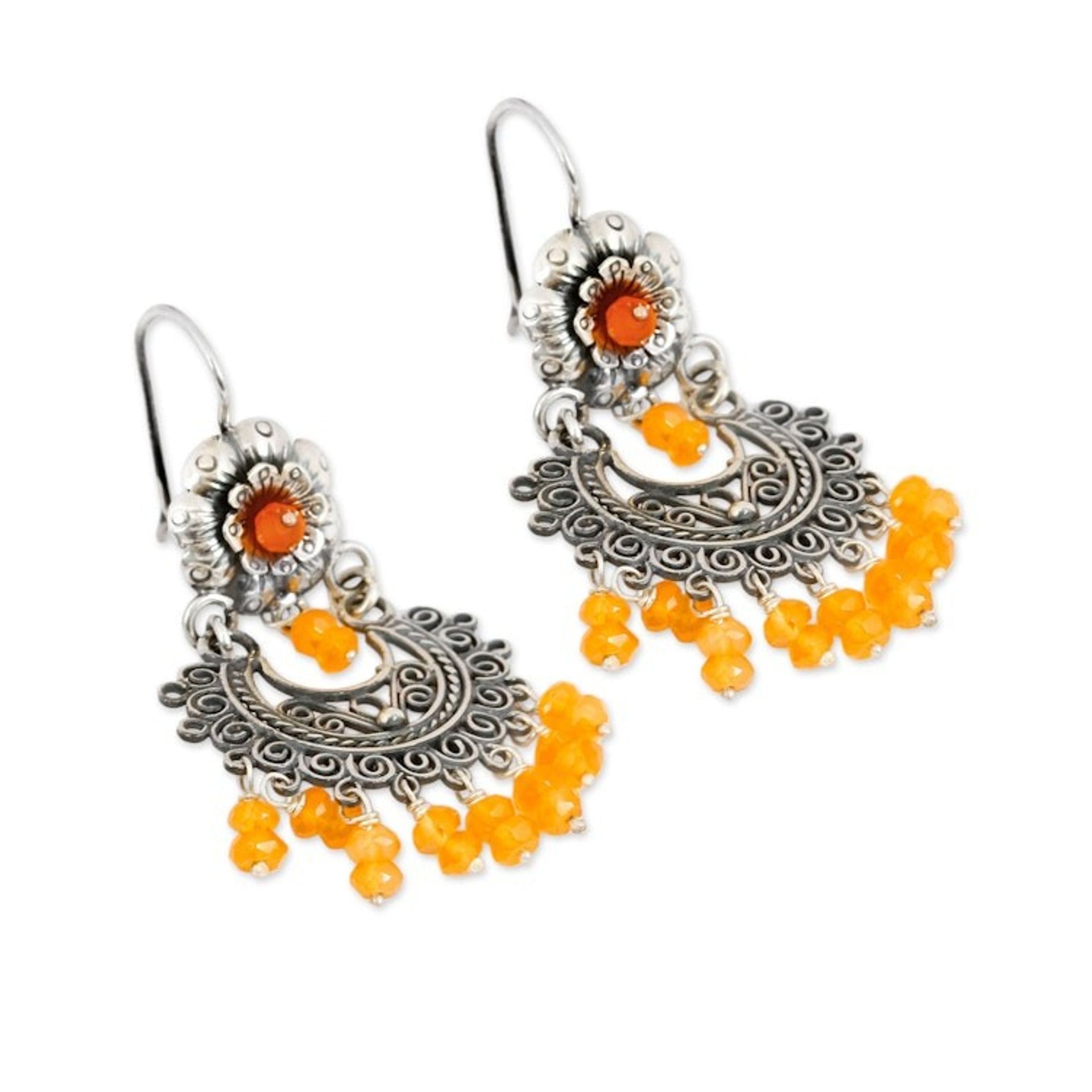 Floral Carnelian Chandelier Earrings from Mexico 'Blooming Elegance'
