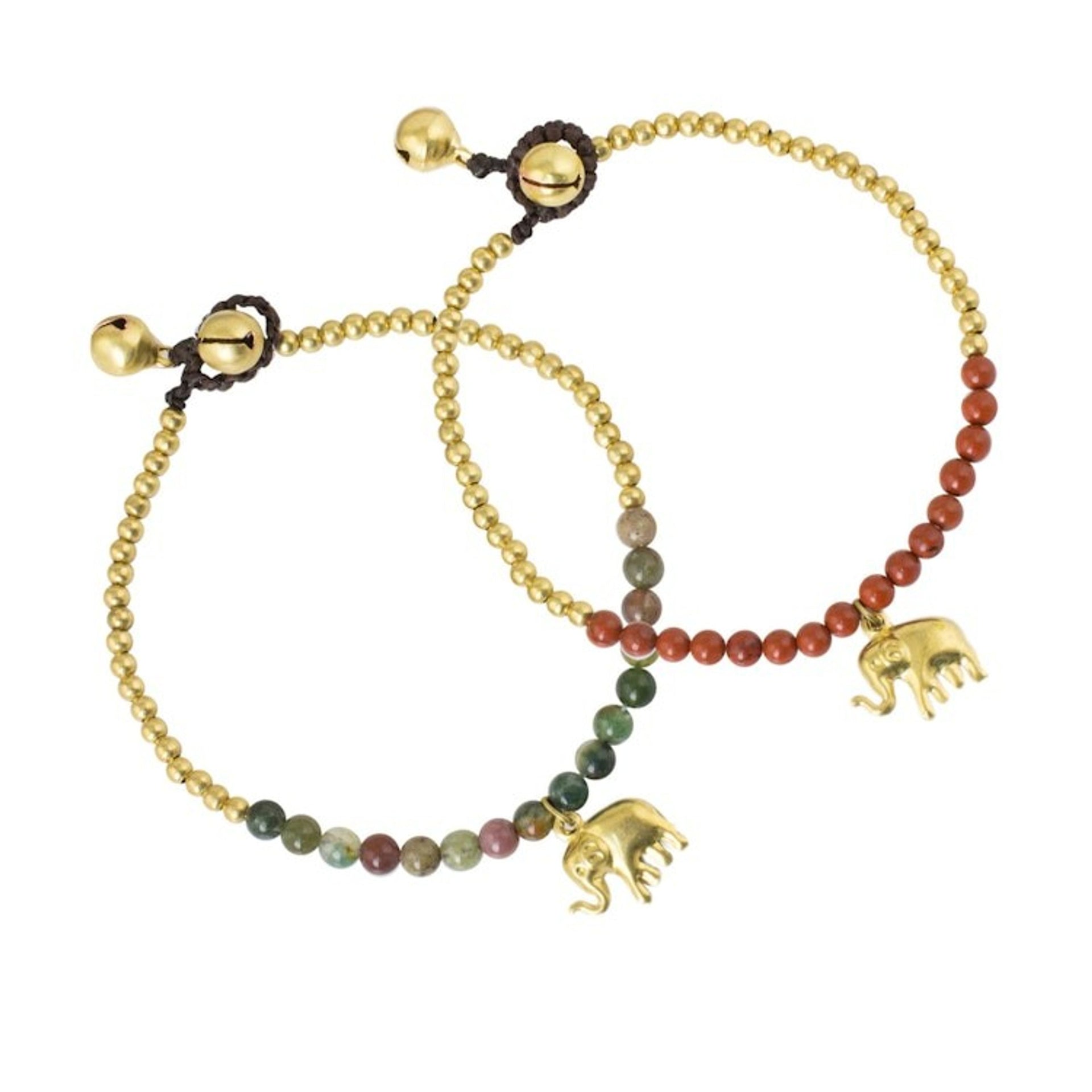 Jasper and Elephant Charm on Pair of Brass Beaded Bracelets 'Stylish Elephants'