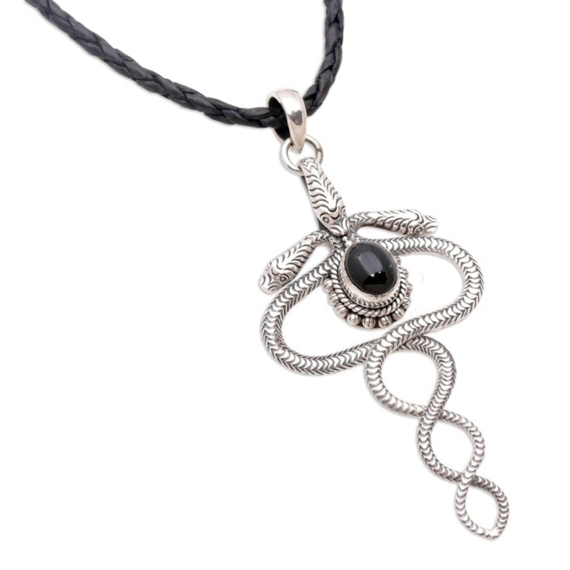 Sterling Silver and Onyx Snake Necklace from Indonesia 'Twin Serpents'