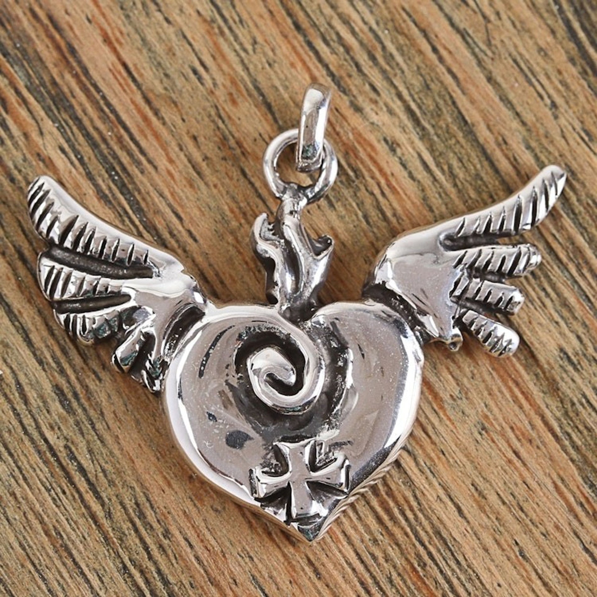 Handcrafted Sterling Silver Winged Heart and Cross Pendant 'Miracle of the Heart'
