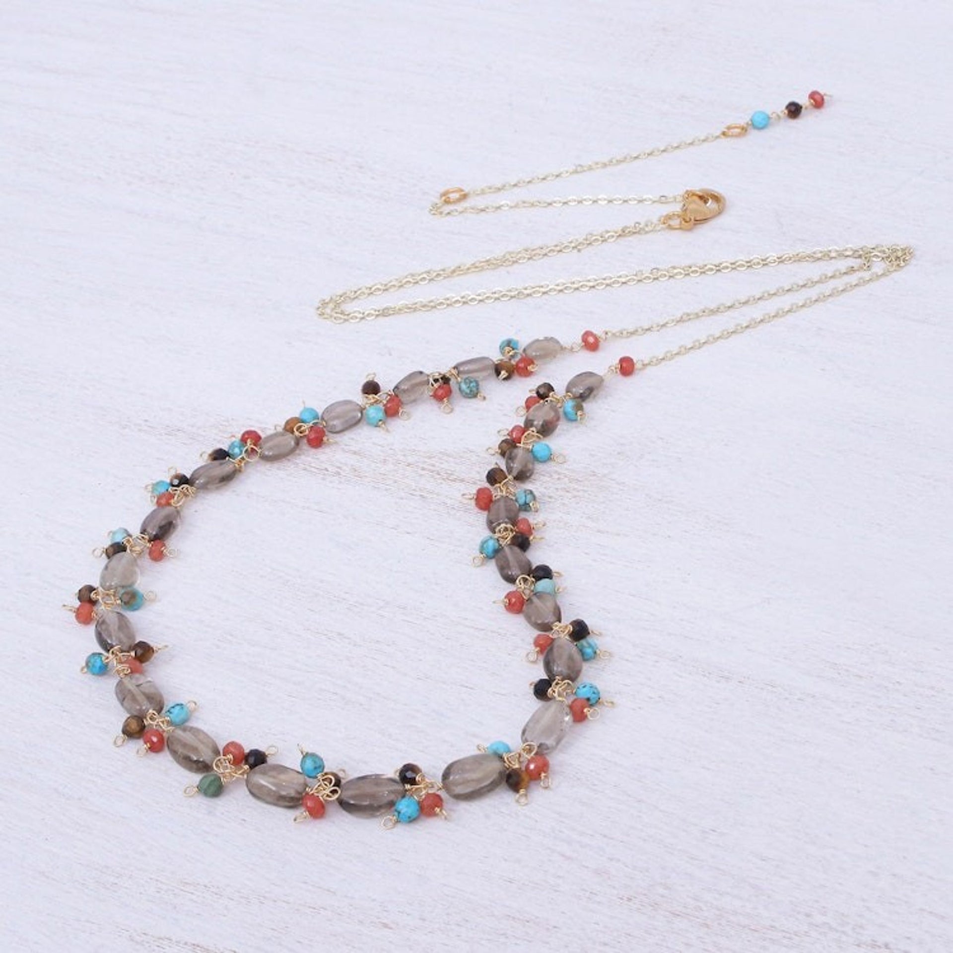 Gold Plated Necklace with Multiple Gemstone Beads 'Sunset Mood in Smoke'