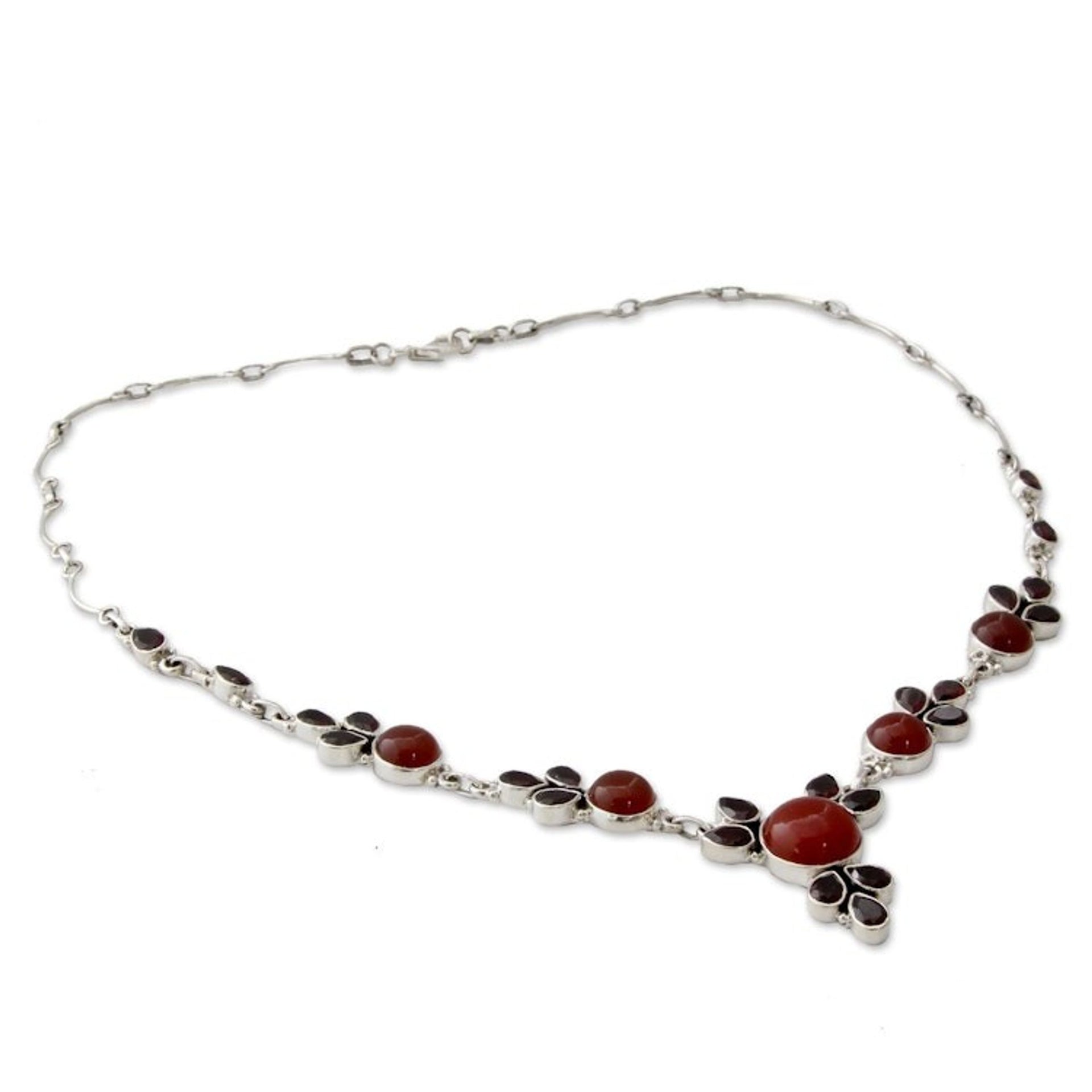 Hand Crafted Carnelian and Garnet Sterling Silver Necklace 'Rosy Blossom'