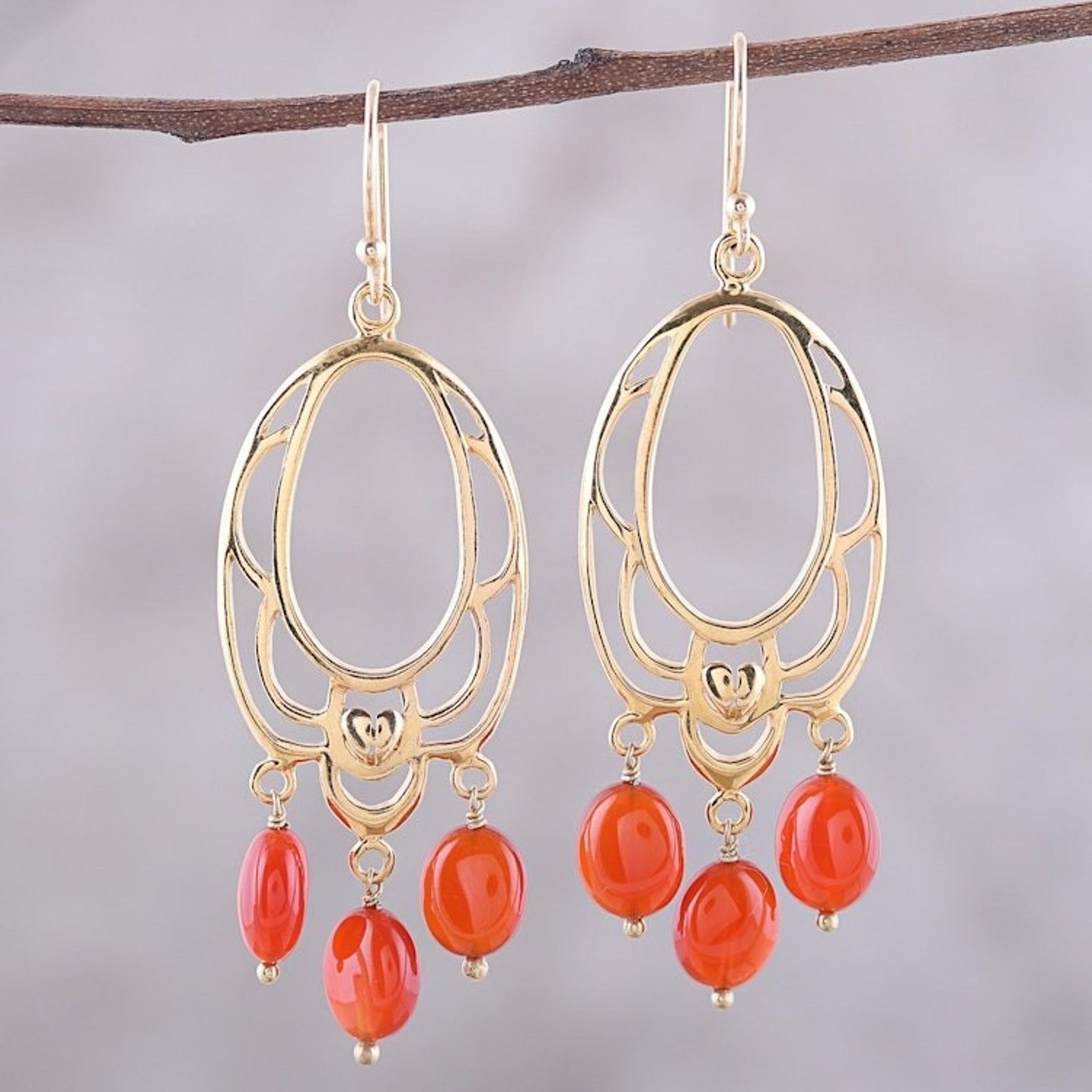 22k Gold Plated Orange Onyx Chandelier Earrings from India 'Orange Romance'