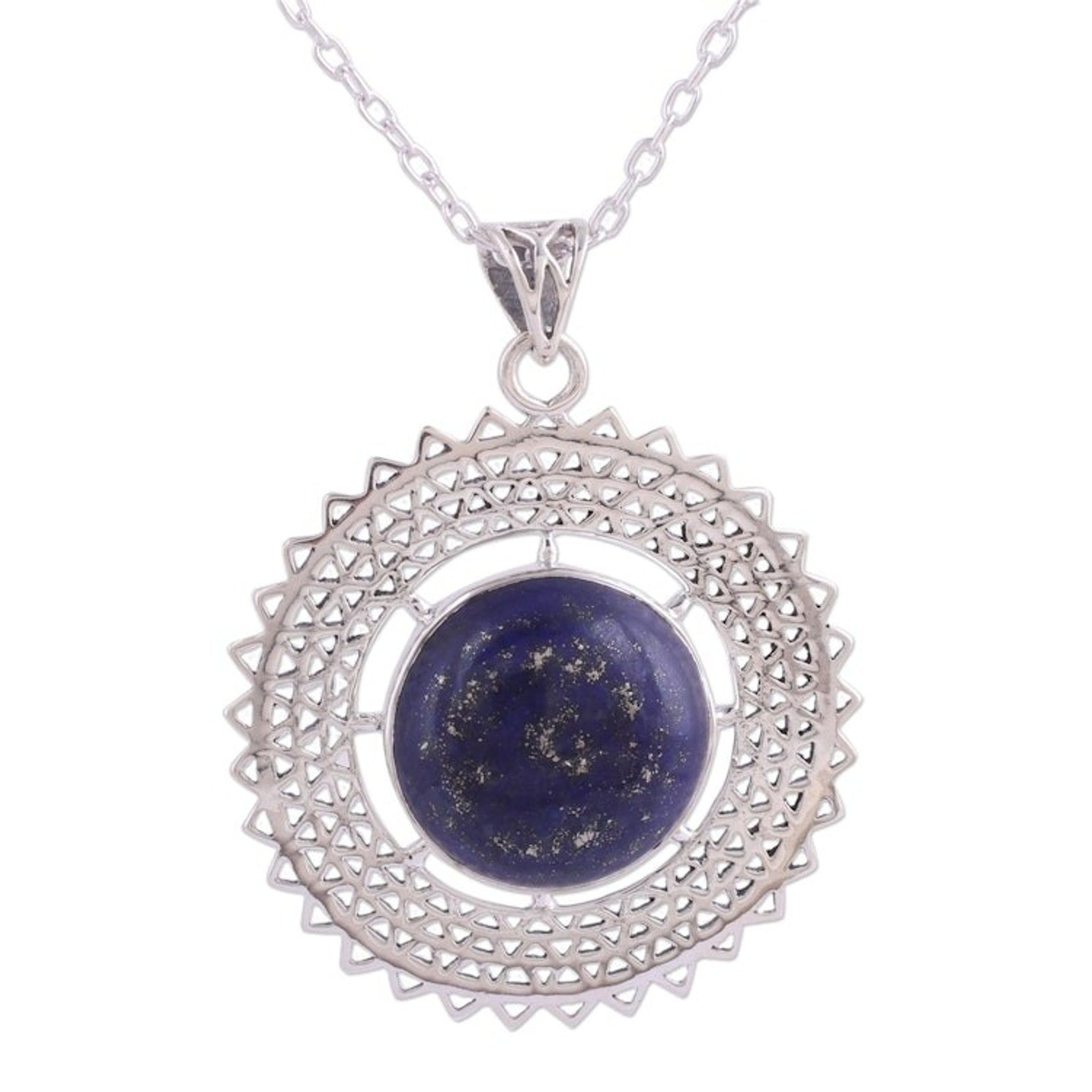Lapis Lazuli and Sterling Silver Necklace from India 'Triangular Sun Rays'